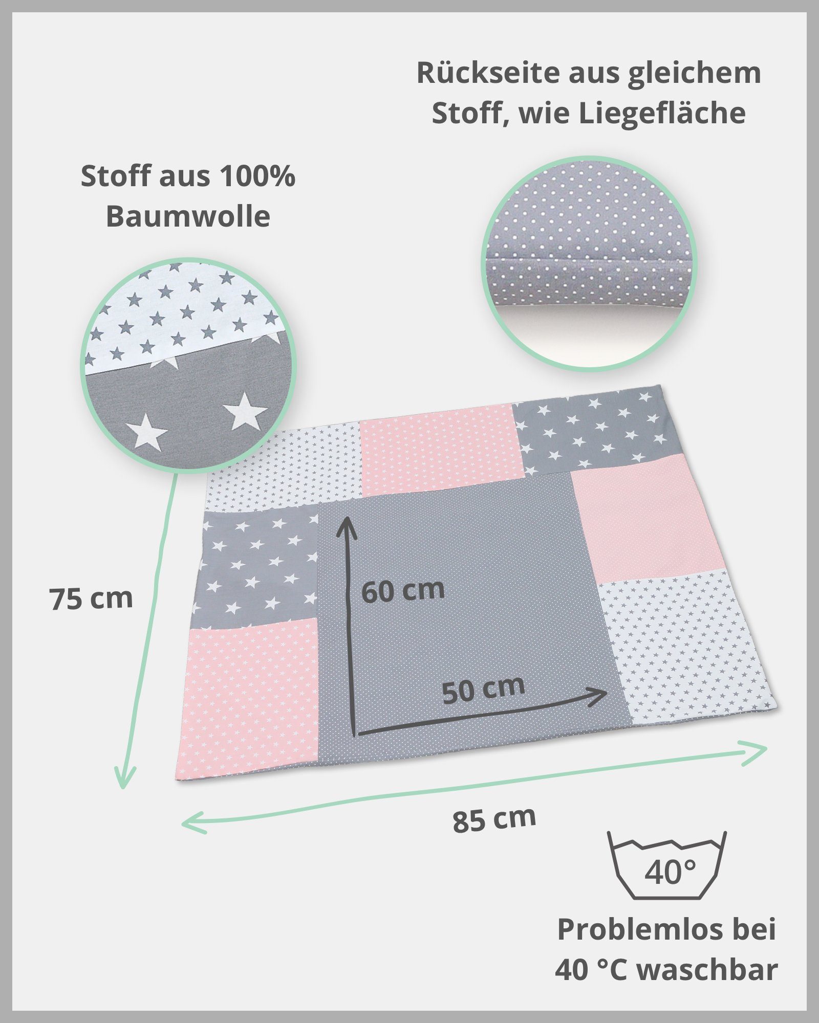 Wickelauflagenbezug Grau 100% Wickelauflagenbezug ULLENBOOM Rosa in Baumwolle cm (Made Bezug 85x75 Hotelverschluss, mit ® EU),
