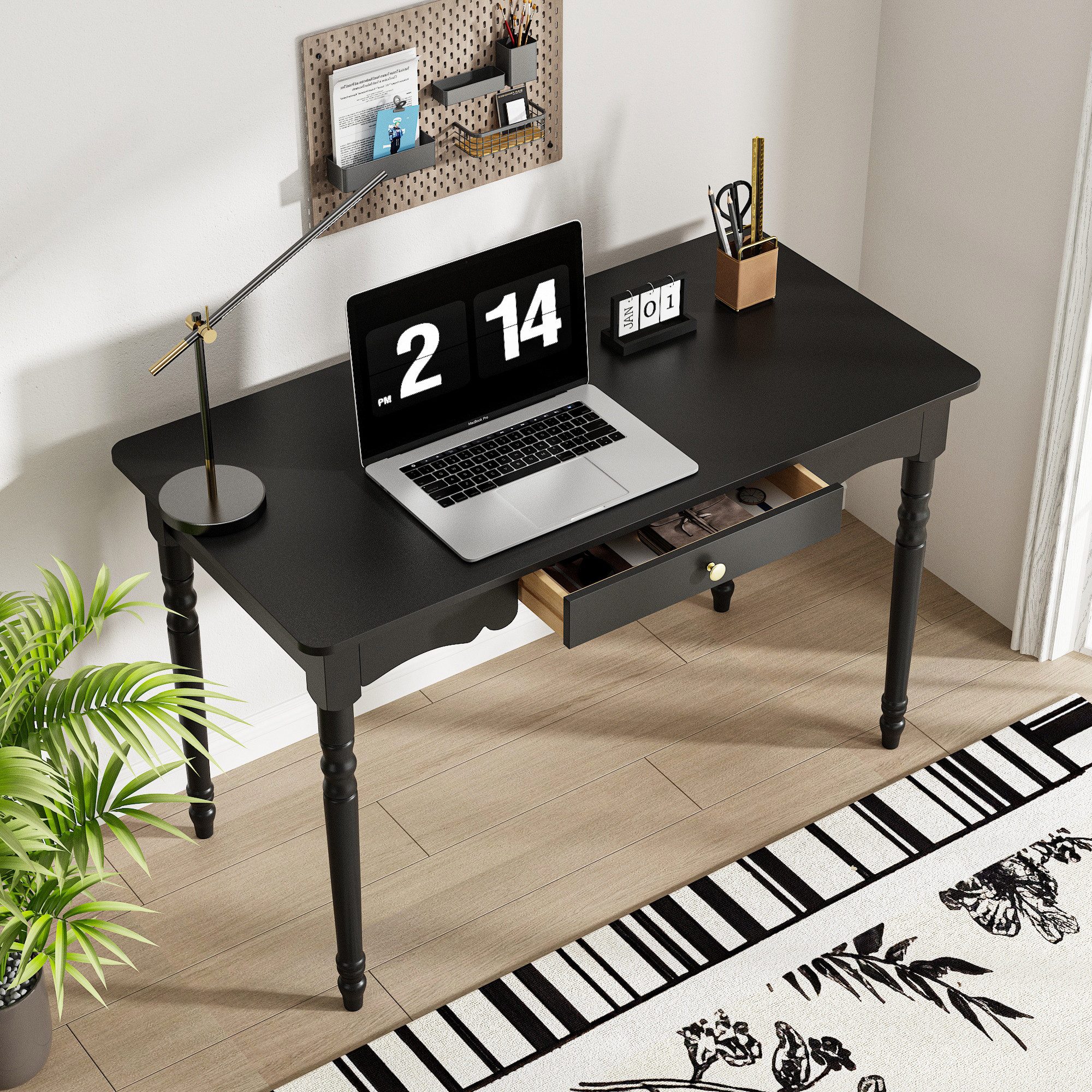 FUFU&GAGA Schreibtisch Schwarz 116 cm Computertisch Skandi, Massivholzbeine – Bild 4 von 5