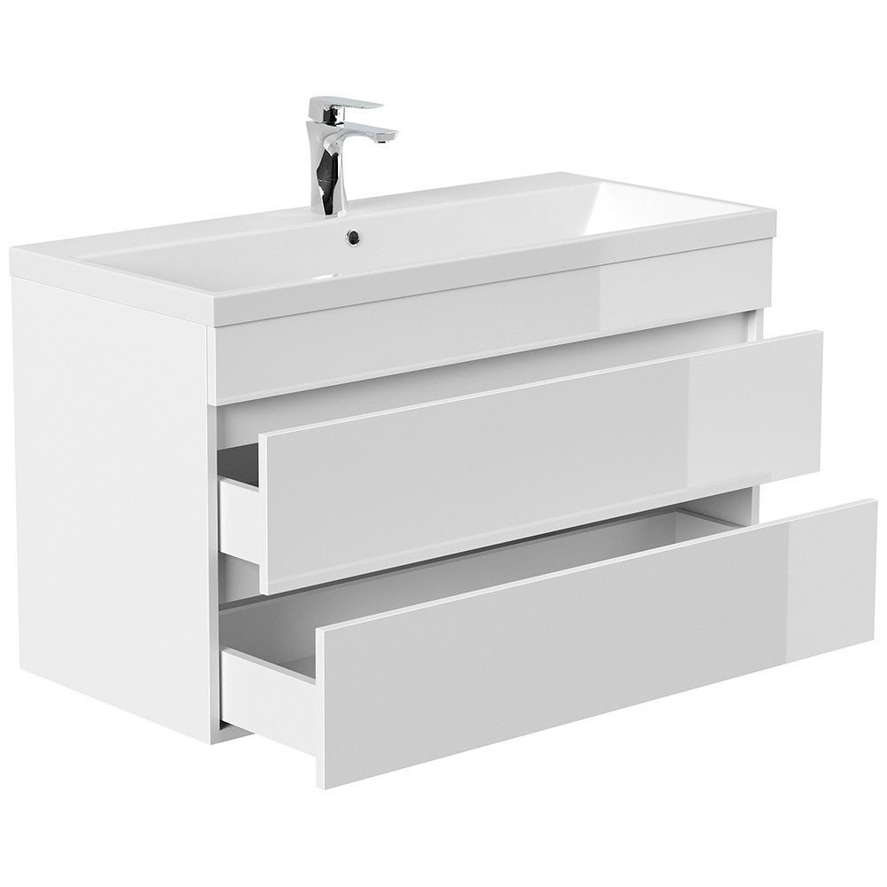 Lomadox Waschtisch FROME-02, 100 cm, hängend, weiß Hochglanz, mit 2 Schubladen