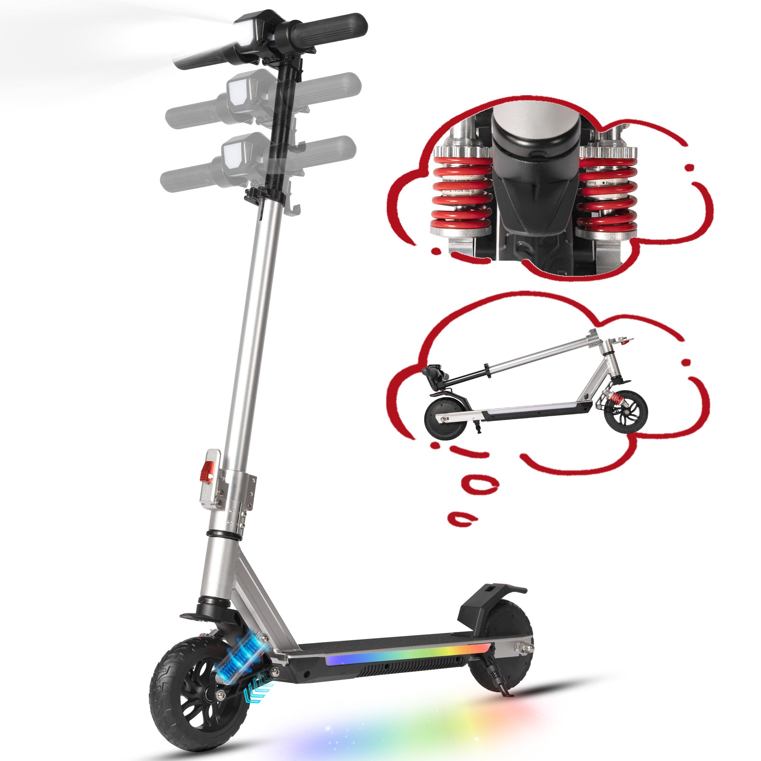 Vankel Elektro-Kinderroller ab 10 Jahren, klappbar, EBS+Fußbremse, farbiger Beleuchtung, mit Haken, 14km/h, E-Scooter für Kinder, 10-15km, höhenverstellbar