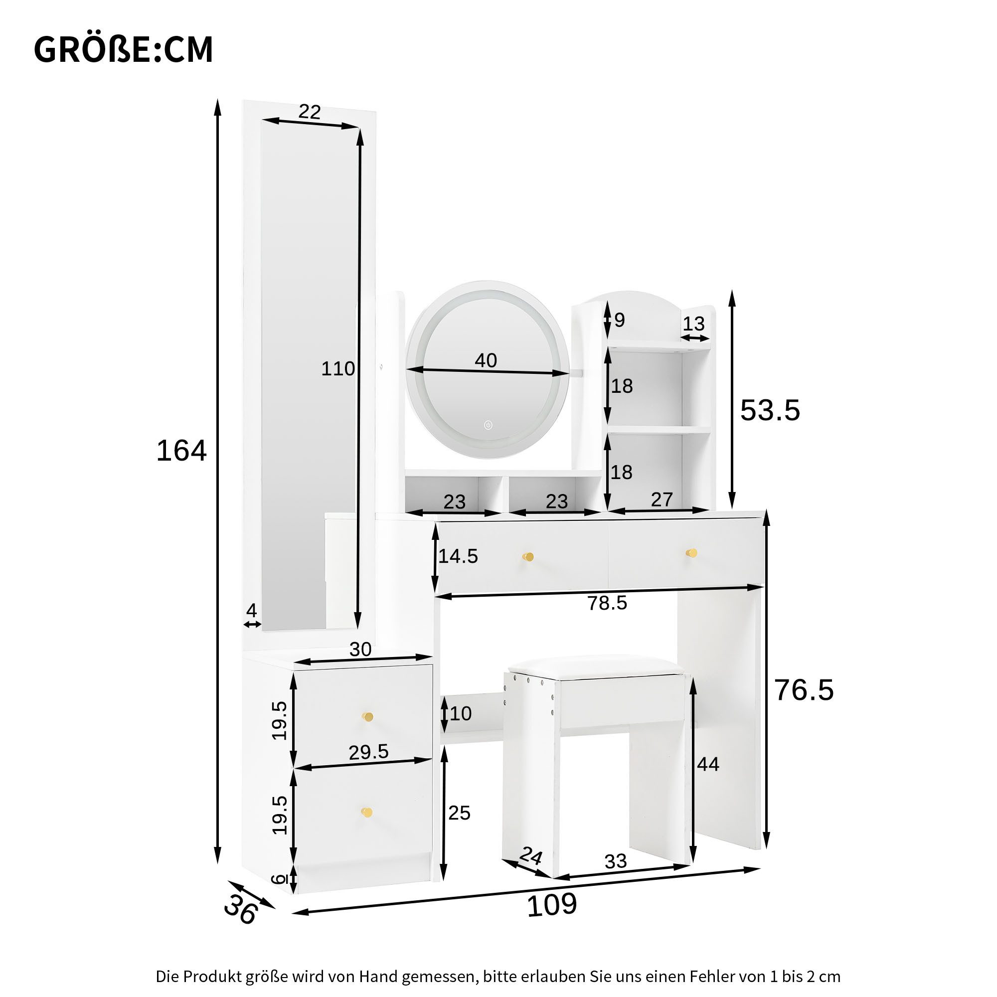 Celya Schminktisch mit Ganzkörperspiegel und drehbarem Tischspiegel (mit Schminktisch Hocker, 3 Farben LED-Beleuchtung, und 4 Schubladen), Geeignet für Schlafzimmer