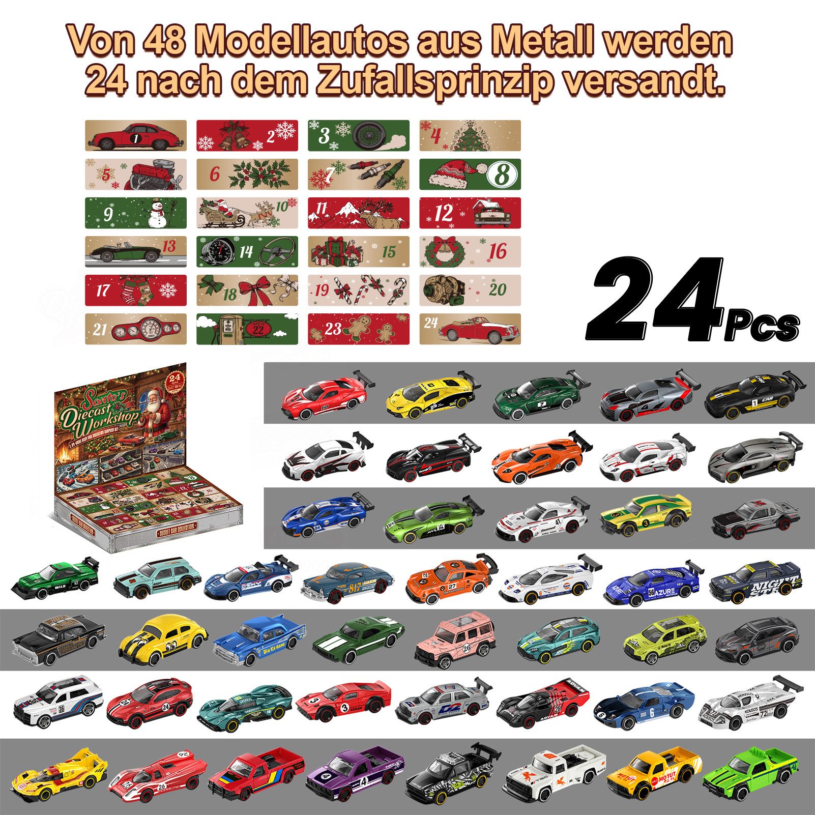 Esun Spielzeug-Adventskalender Adventskalender Auto Kinder 2026, Weihnachtskalender Kinder Geschenk (Set, 24-tlg), Weihnachts-Kalender mit 24 Die-Cast Spielzeug – Bild 2 von 5