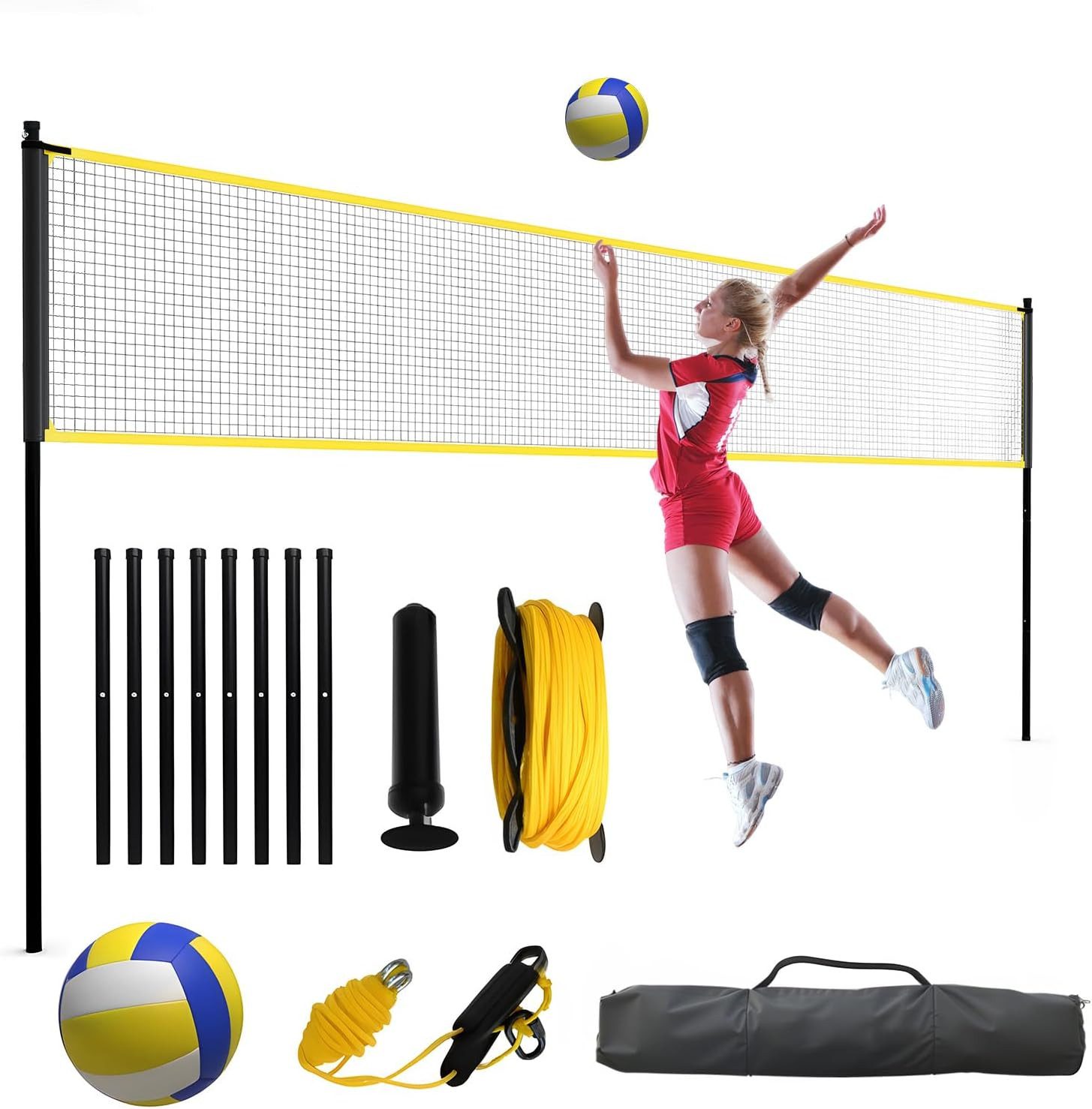 GarveeMore Volleyballnetz Set, 975cm Volleyball Trainingsgerät mit Volleyball Pumpe Tragetasche