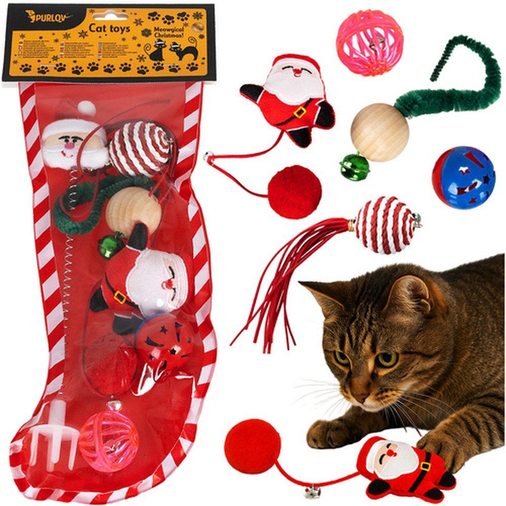Purlov Tier-Beschäftigungsspielzeug Katzenspielzeug Weihnachtsspielzeug, Kunststoff, Enthält Bälle, Pompons, Federn und Іграшкиe mit Glöckchen