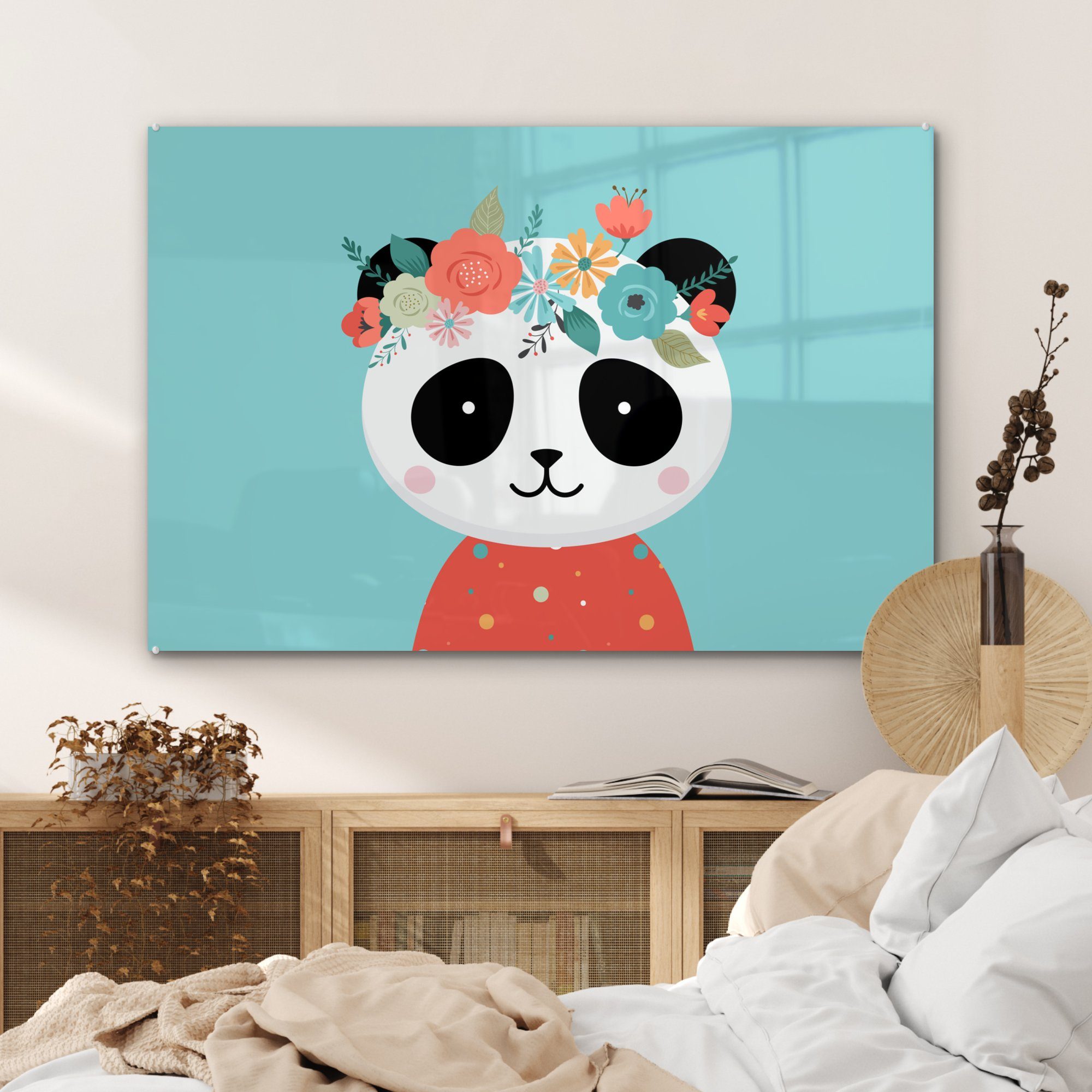 & Acrylglasbilder (1 MuchoWow Panda St), - Acrylglasbild - Schlafzimmer Blumengirlande Blau, Wohnzimmer