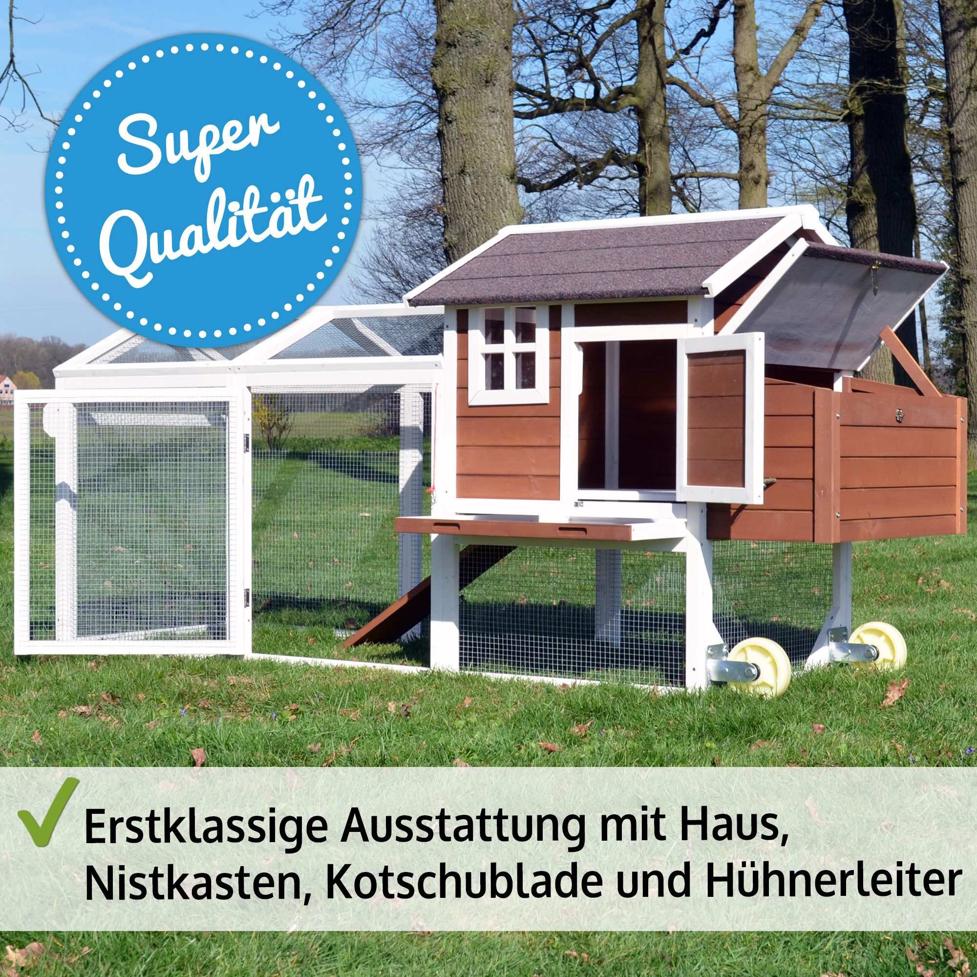 Zooprinz Hühnerstall Mobi mit Rollen extra Freilauf 248x115x76 cm (BxHxT), Klappdach, wetterfestes Kiefernholz, Nistkasten