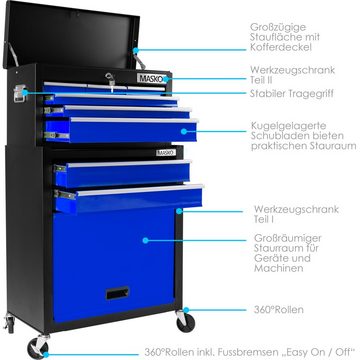 MASKO Werkstattwagen, blau, Werkzeugwagen inkl. Koffer 9 Fächer Abschließbar Metall Rollwagen