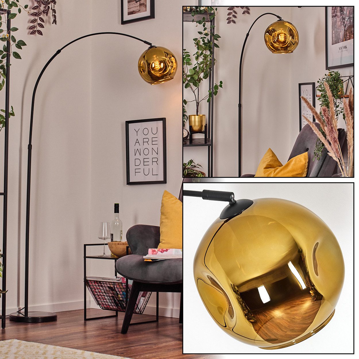 Stehlampe Stehlampe aus Metall/Glas in Schwarz/Gold mit Marmorfuß