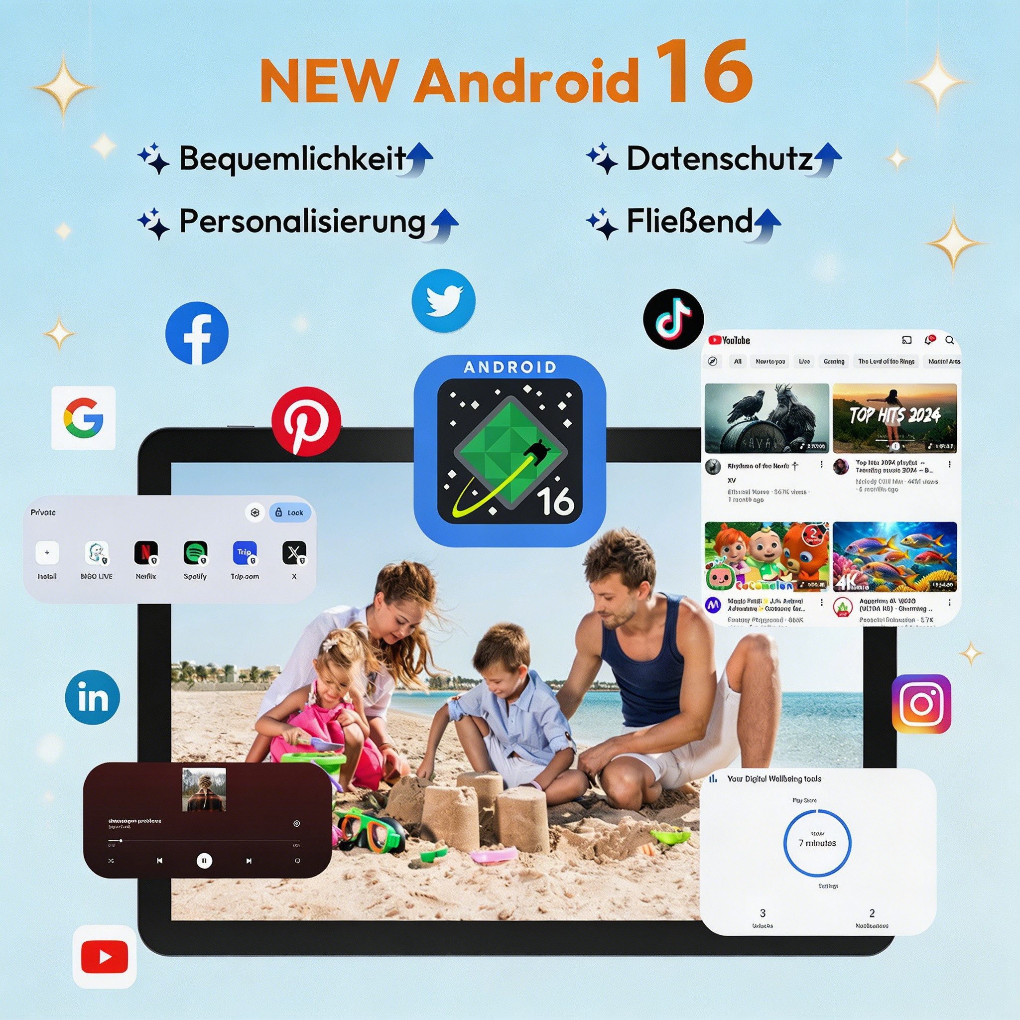 XGODY 4G LTE WLAN 10,1-Zoll-Tablet mit 24GB+256GB Android 16 Tablet (10.1", 256 GB, Android 16, 2G (GSM), 3G (WCDMA), 4G (LTE), 2026 Neu Tablet Android 16 mit Tastatur, Ledertasche und Stift)