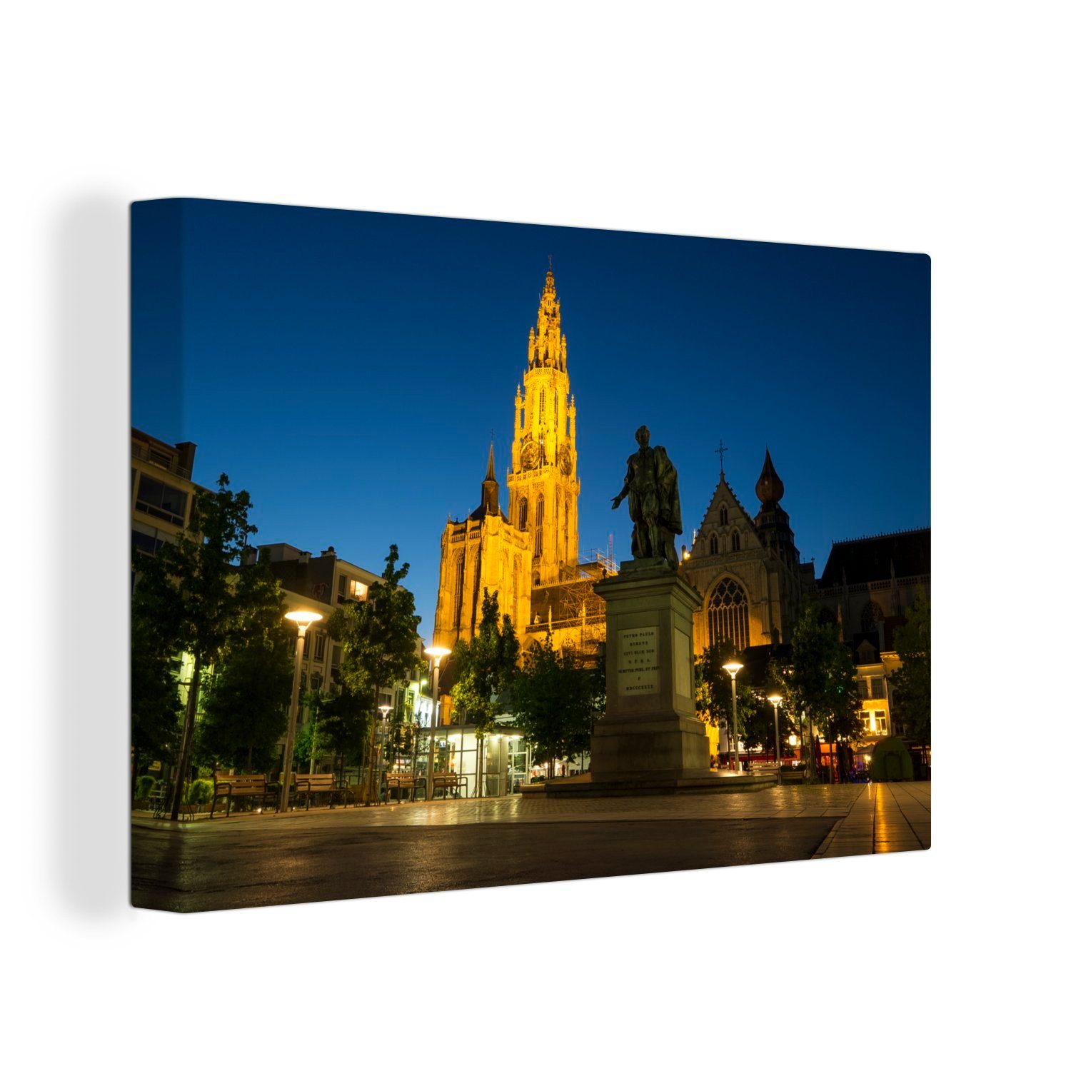 OneMillionCanvasses® Leinwandbild Statue - Nacht 30x20 cm Wanddeko, Leinwandbilder, - Wandbild Aufhängefertig, St), (1 Antwerpen