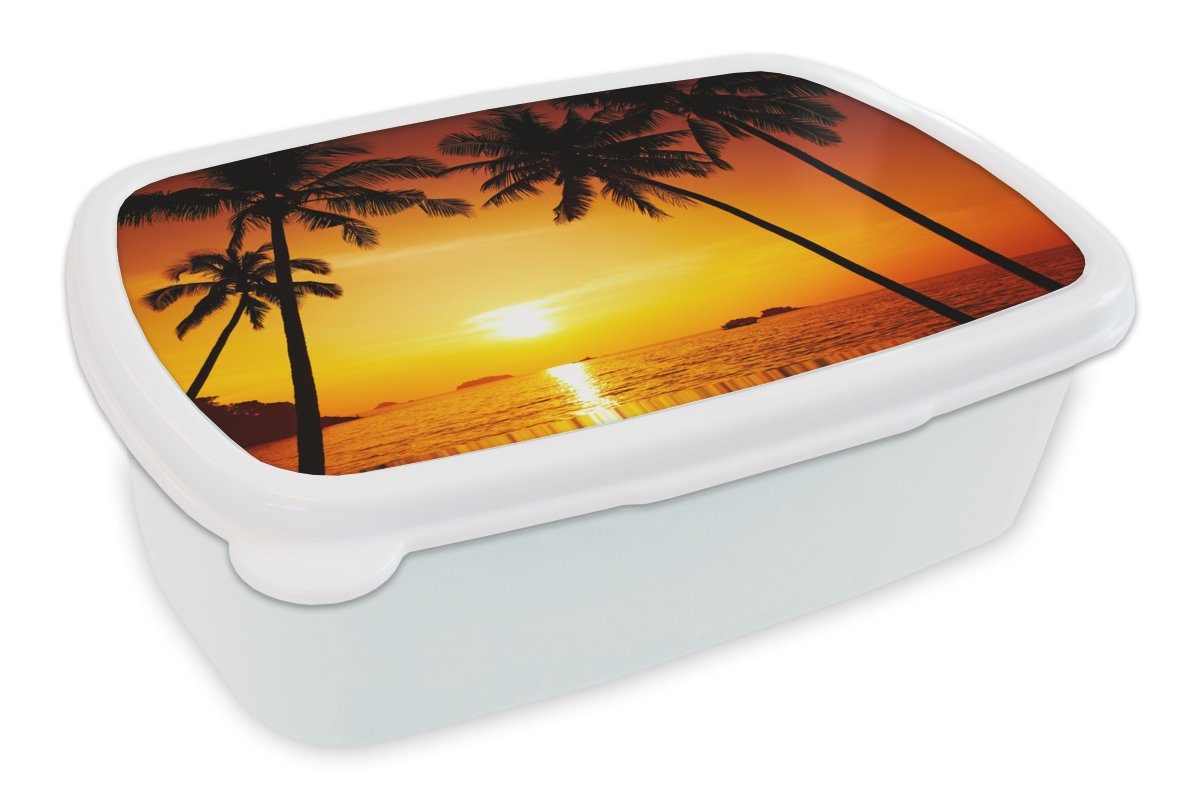 MuchoWow Lunchbox Palme - Sonnenuntergang - Strand - Orange - Tropisch, Kunststoff, (2-tlg), Brotbox für Kinder und Erwachsene, Brotdose, für Jungs und Mädchen weiß