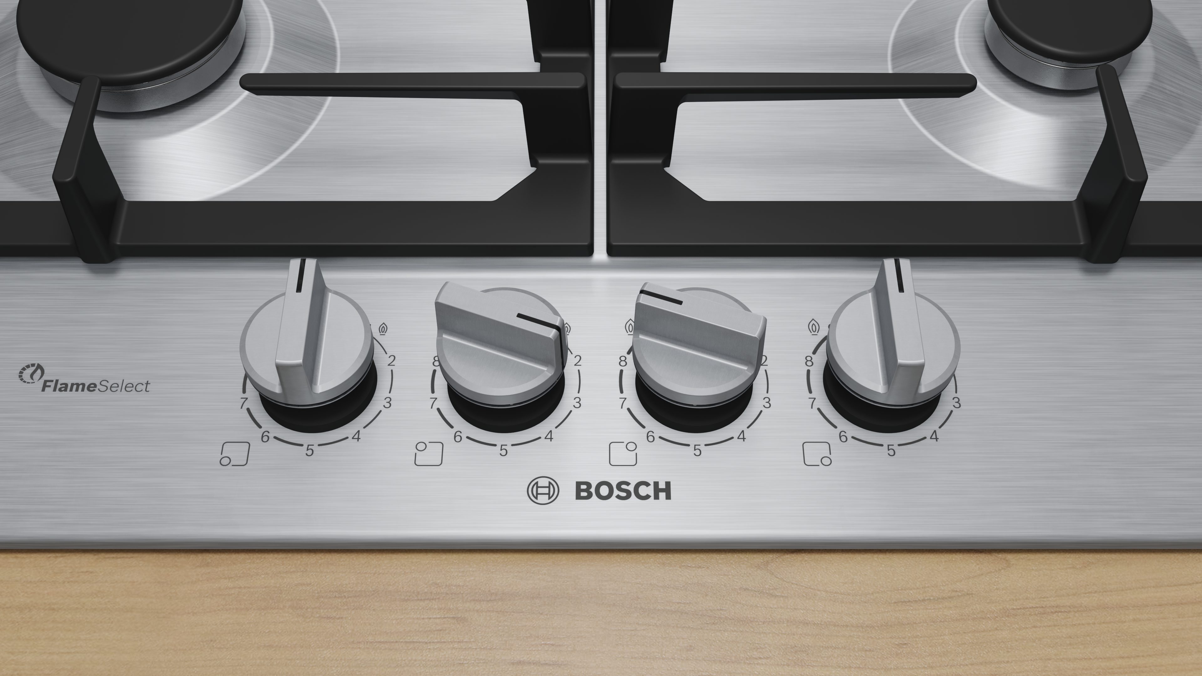 BOSCH Gas-Kochfeld Serie 6 PCH6A5I90, Präzises FlameSelect & robuste, durchgehende Gusseisen-Topfträger