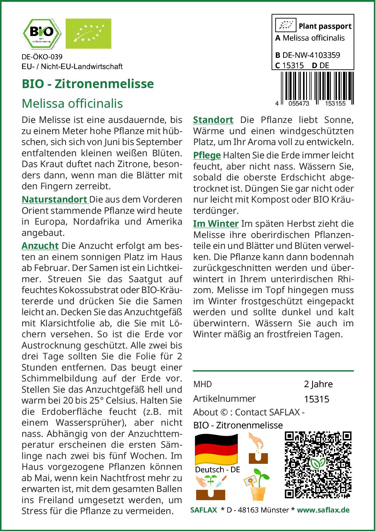 SAFLAX Kräutersamen SAFLAX - Samen - BIO - Zitronenmelisse