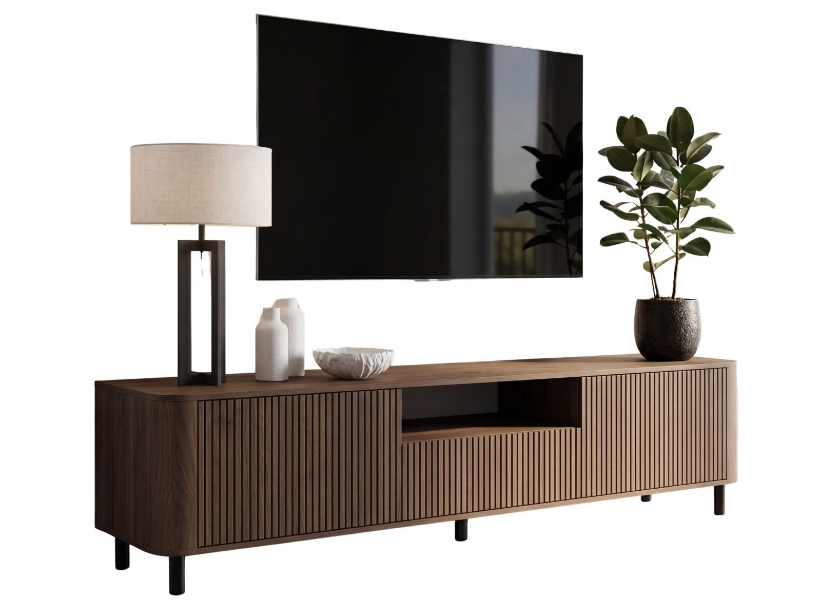 Compleo TV-Schrank mit 2 Türen, Nussbaum/Kaschmir/ Eiche cremona TV-Tisch mit Rillenfronten, Metallfüße 12cm – Bild 2 von 3
