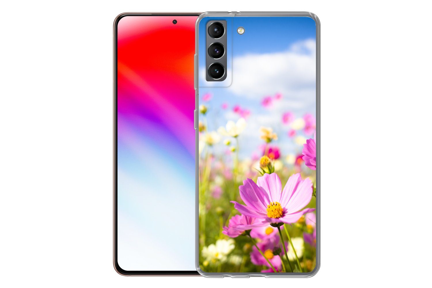 MuchoWow Handyhülle für Samsung Galaxy S21 Plus Blumen - Wiese - Lila - Gras - Weiß - Wolk, Phone Case, Silikon, Schutzhülle Dünn