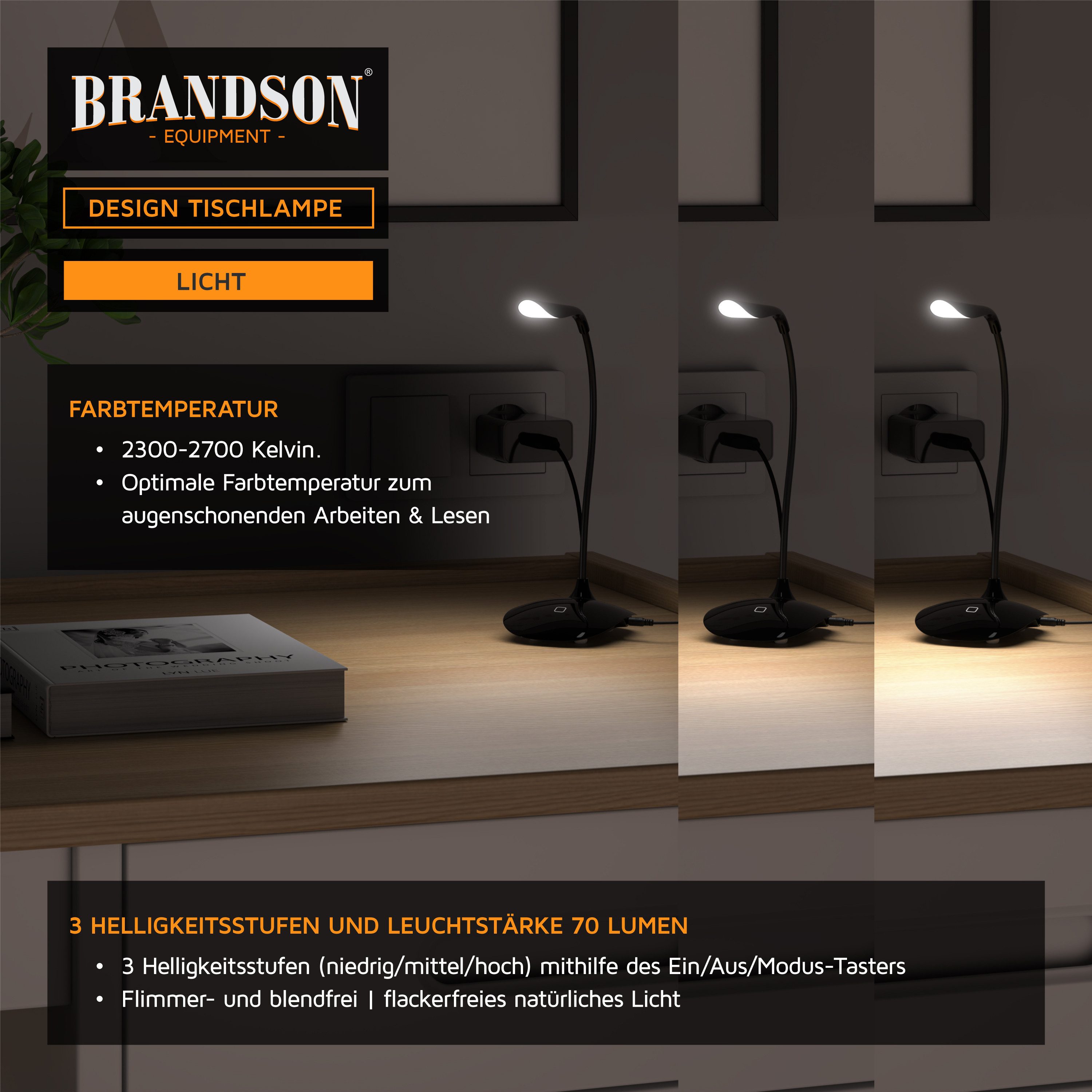 Brandson Schreibtischlampe Bürolampe, Tischleuchte, leuchtstarke 70 Lumen, Energiesparend, 3 Watt, mehrere Helligkeitsstufen, LED fest verbaut, warmweiß, Stroms – Bild 4 von 5
