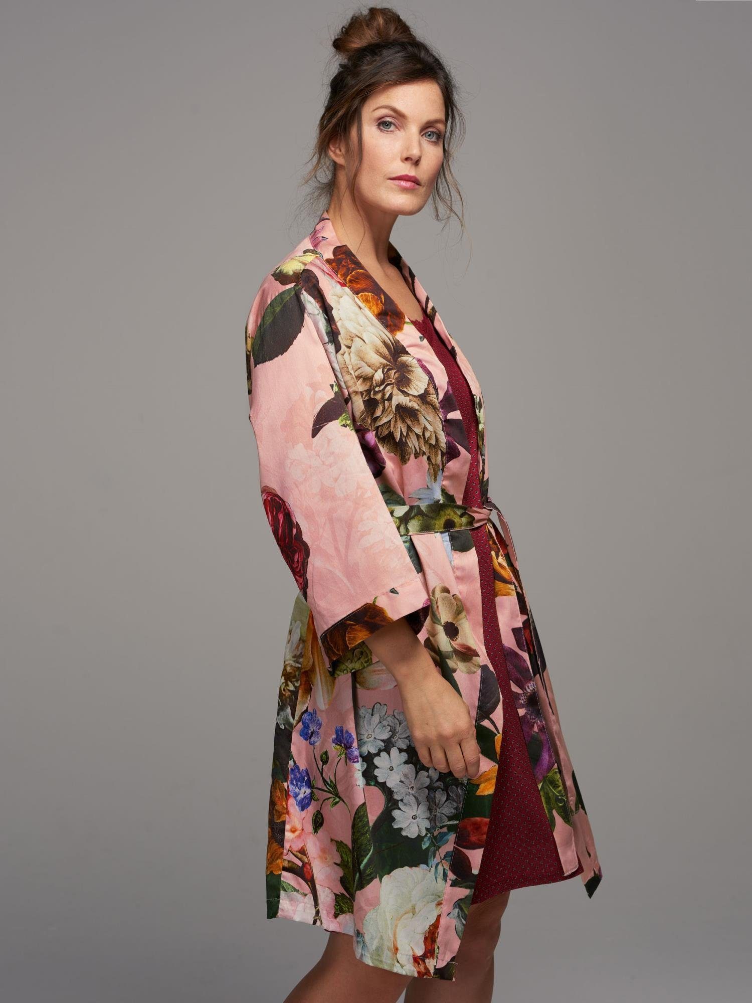 Essenza Kimono Kimono-Kragen, Kurzform, mit Blumenprint wunderschönem Fleur, Baumwolle, Gürtel, Rose