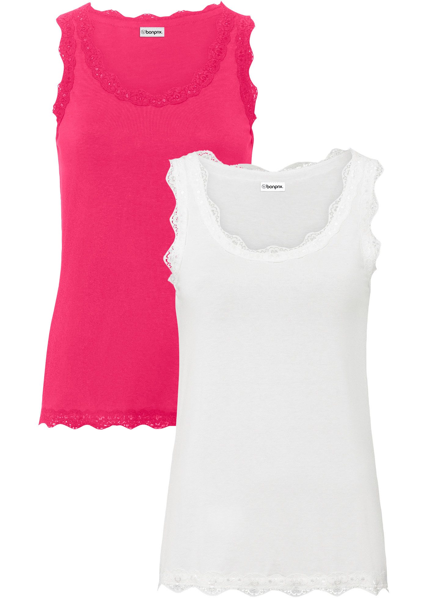 bonprix Shirttop (Packung, 2-tlg) schmale Passform, mit dekorativer Spitze, aus Viskose-Mix