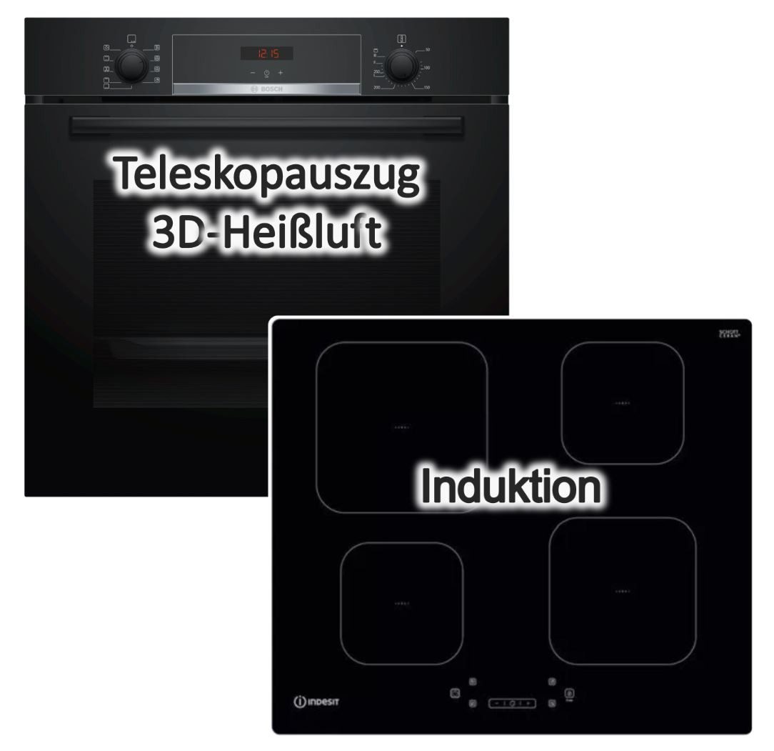 BOSCH Backofen-Set EcoClean Teleskopauszug+Indesit Induktionskochfeld Booster autark 60cm