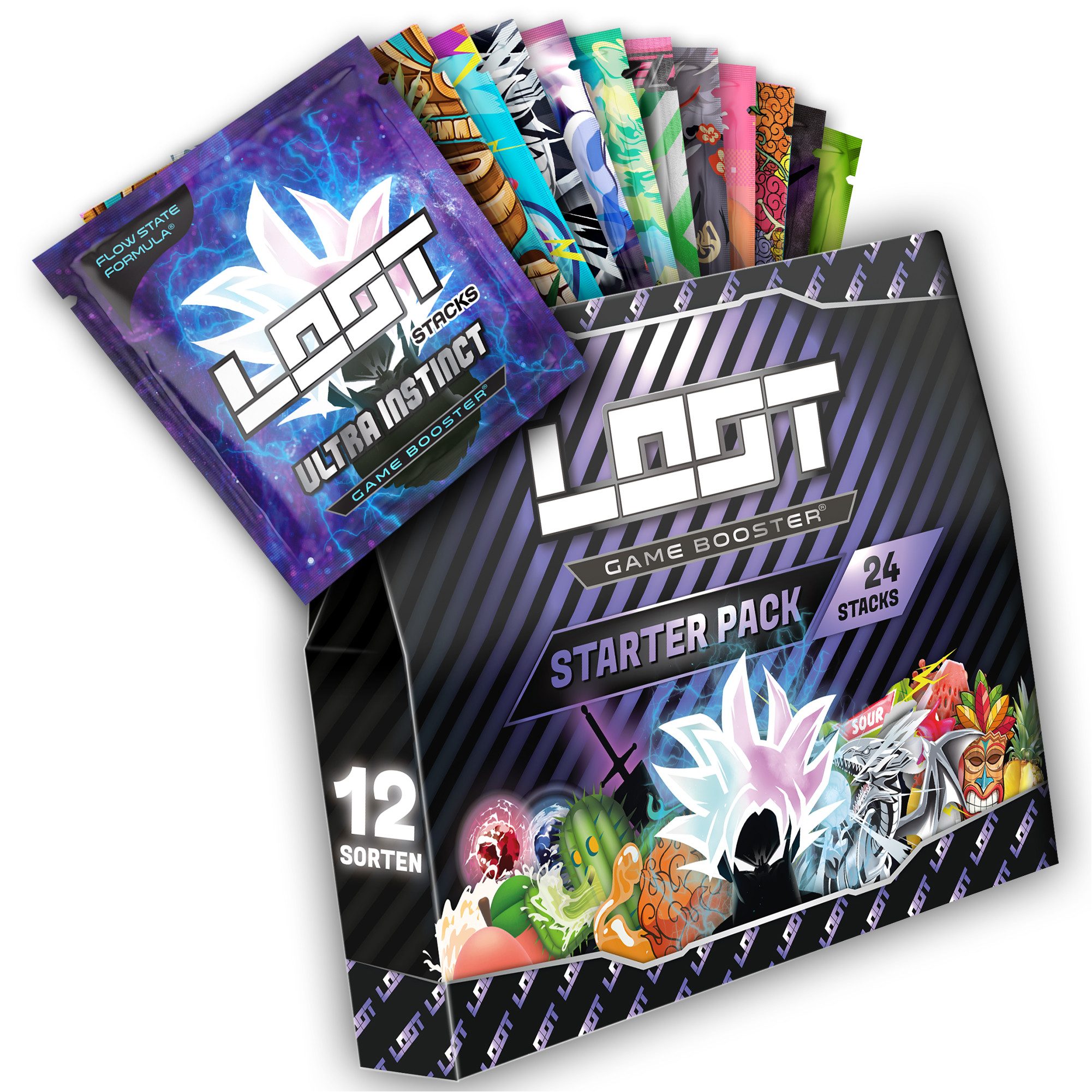 LOOT LOOT® Game Booster Probier-Set mit Koffein Taurin für Gaming Pulver, 24 St., 192 g, Enthält Koffein (200 mg pro Portion)
