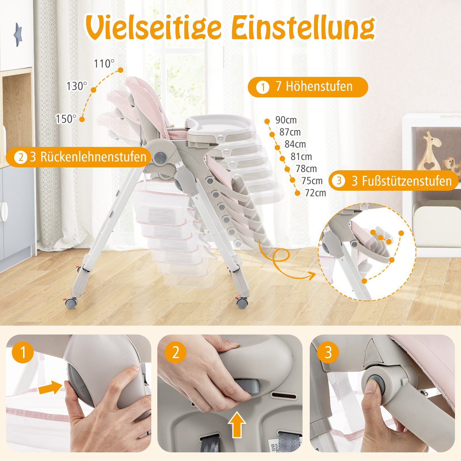 COSTWAY Hochstuhl Babystuhl, klappbar, verstellbar, mit Liegefunktion & Rädern