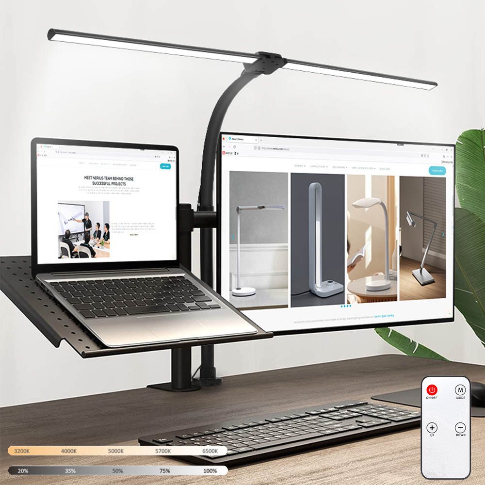 Lapamax LED Schreibtischlampe Schreibtischlampe LED Dimmbar Doppelkopf Klemmbar mit Fernbedienung, 24W, 80CM, 5 Farben und 5 Helligkeitsstufen, Augenschutz Monitor Lampe Tageslichtlampe Leser Architekenden Büro