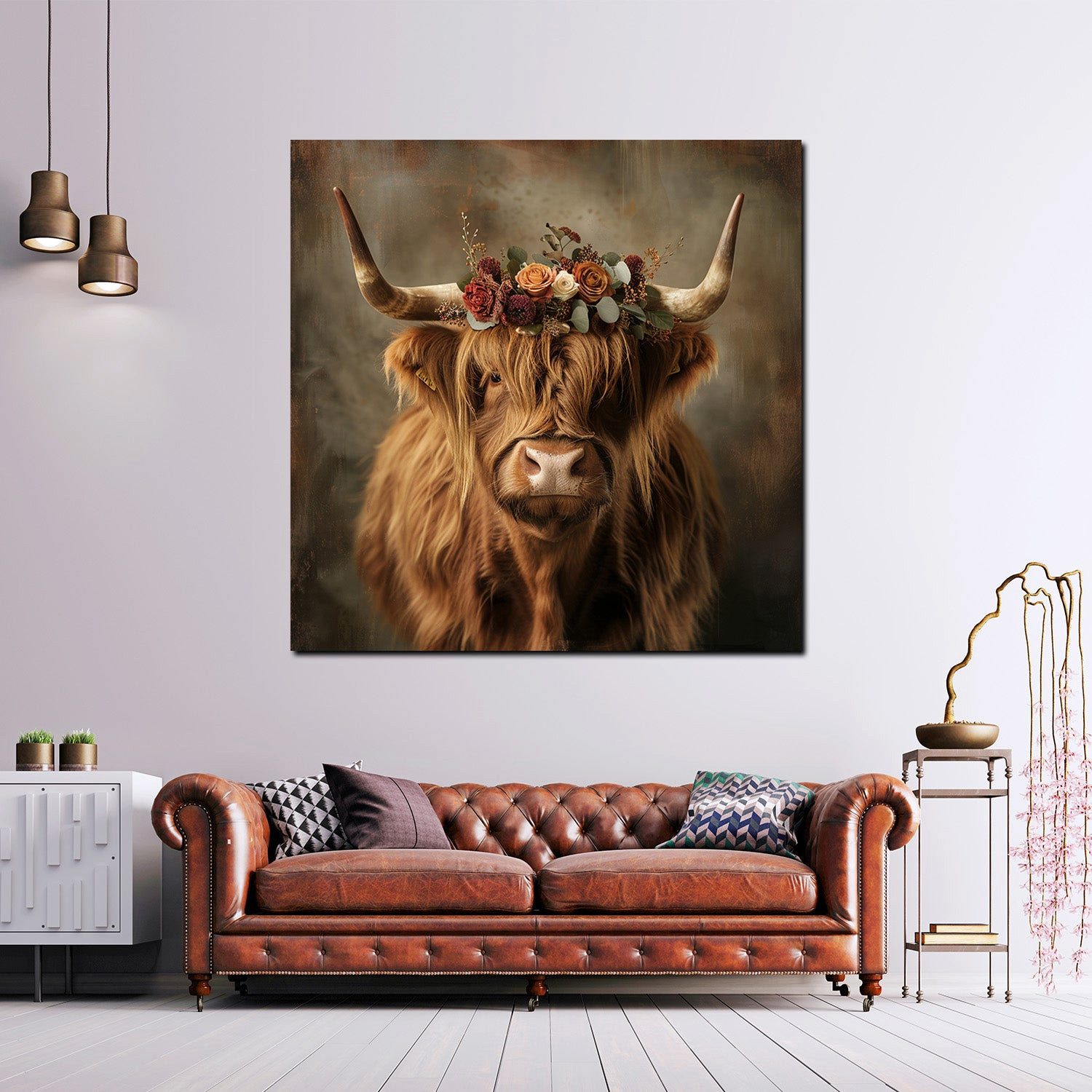 Artedinoi Leinwandbild Kuh Scottish Highlander mit Blumenkrone Natur Leinwandbild Wandbild De, Hochlandrind mit Blumenkrone