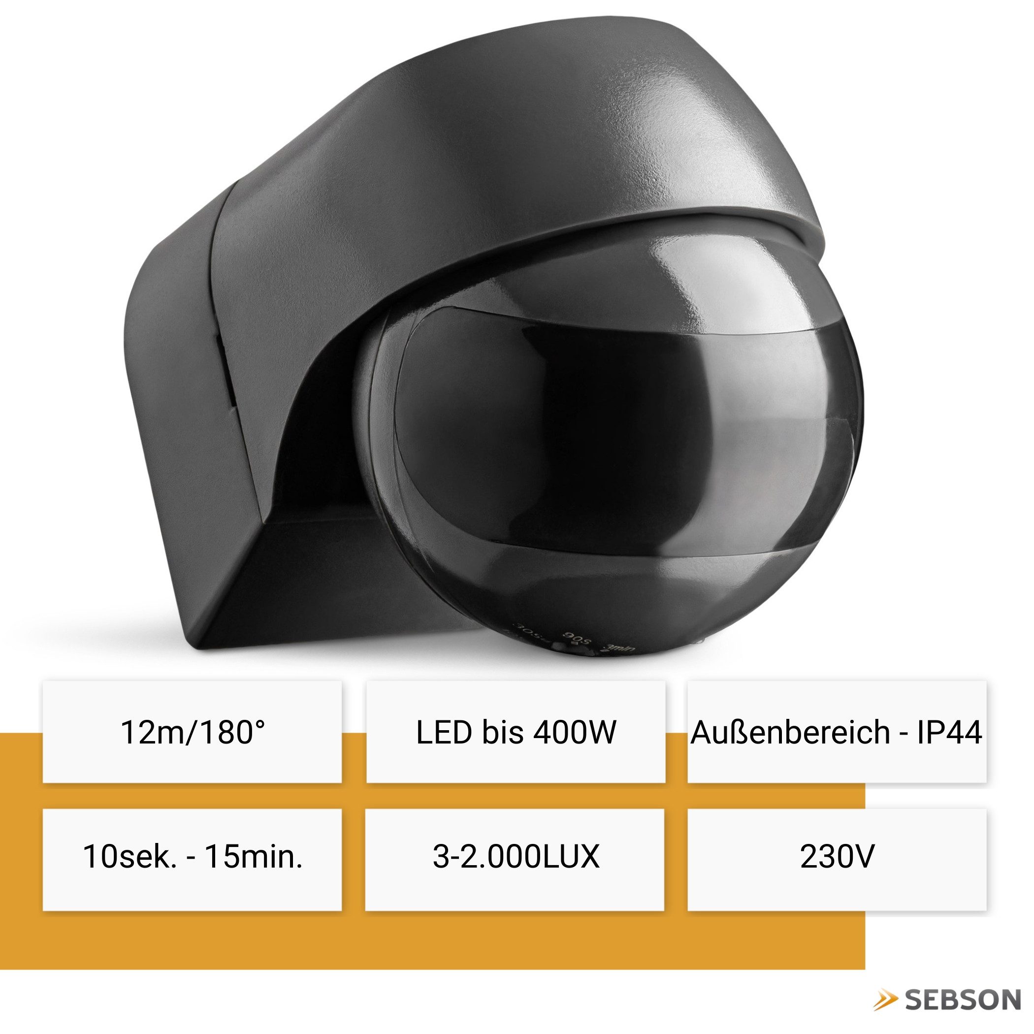 SEBSON Bewegungsmelder Infrarot Sensor Außen IP44 Aufputz Wand Anthrazit 12m 180° Winkel, (1-St), Wandmontage, schwenkbar, programmierbar, LED geeignet 400W, 3 Draht