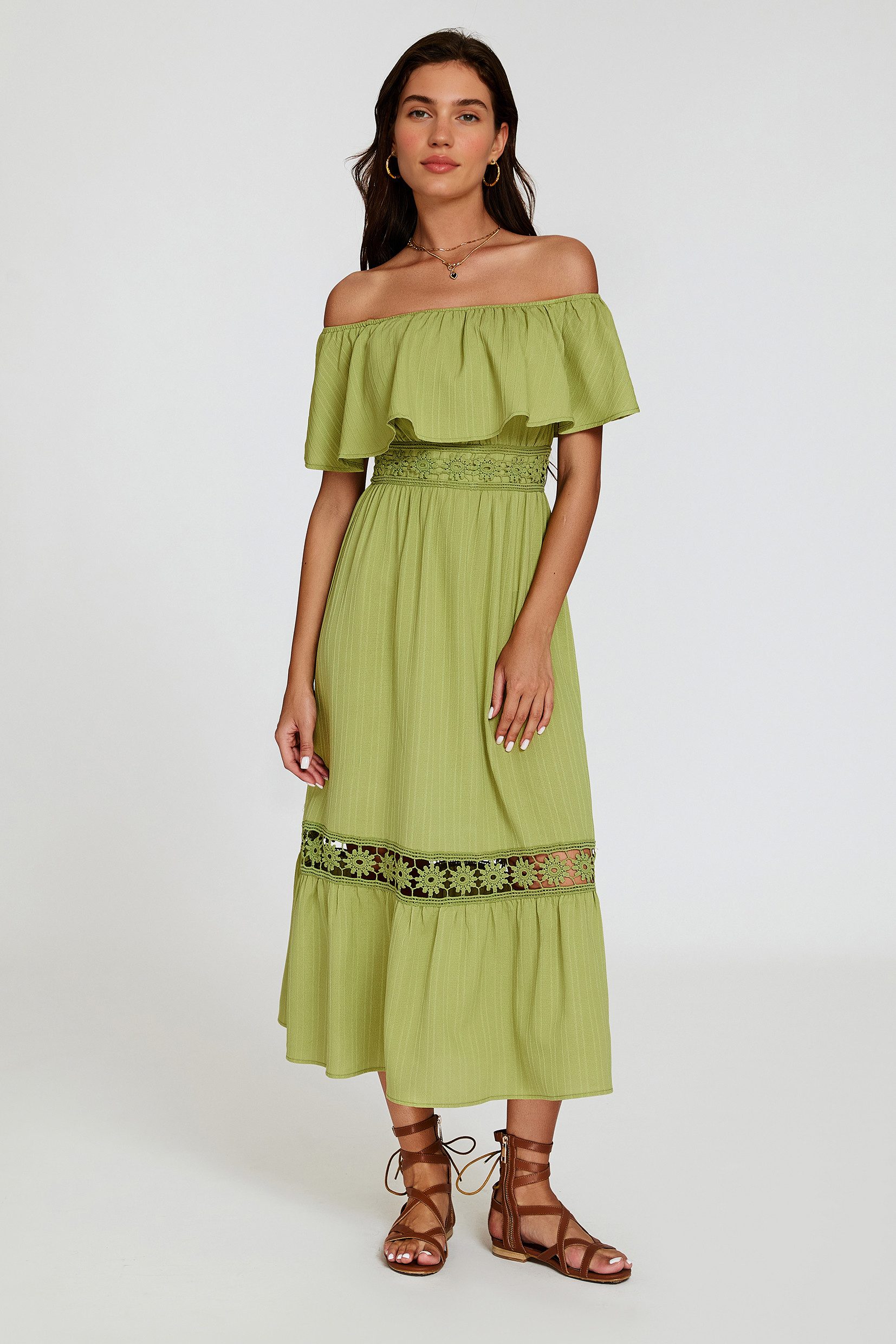 FS Collection Sommerkleid Damen Midikleid Sommerkleid Carmenkleid mit Spitze (Größen: XS (EU:36 / UK:8) · S (EU:38 / UK:10) · M (EU:40 / UK:12) · L (EU:42 / UK:14) · XL (EU:44 / UK:16) Carmen-Ausschnitt, Spitze, elastische Taille, Volantsaum