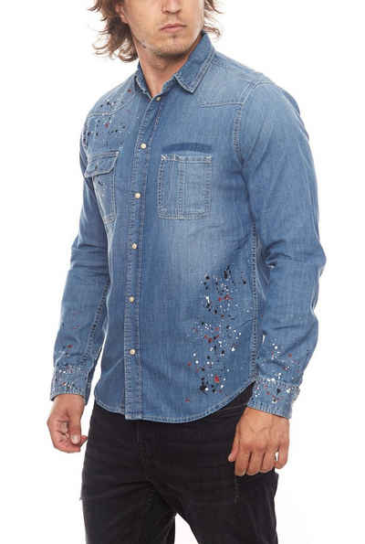 Pepe Jeans Jeanshemd »Pepe Jeans Painter Jeans-Hemd cooles Herren Leinen-Hemd mit Farb-Klecksen Denim Blau«