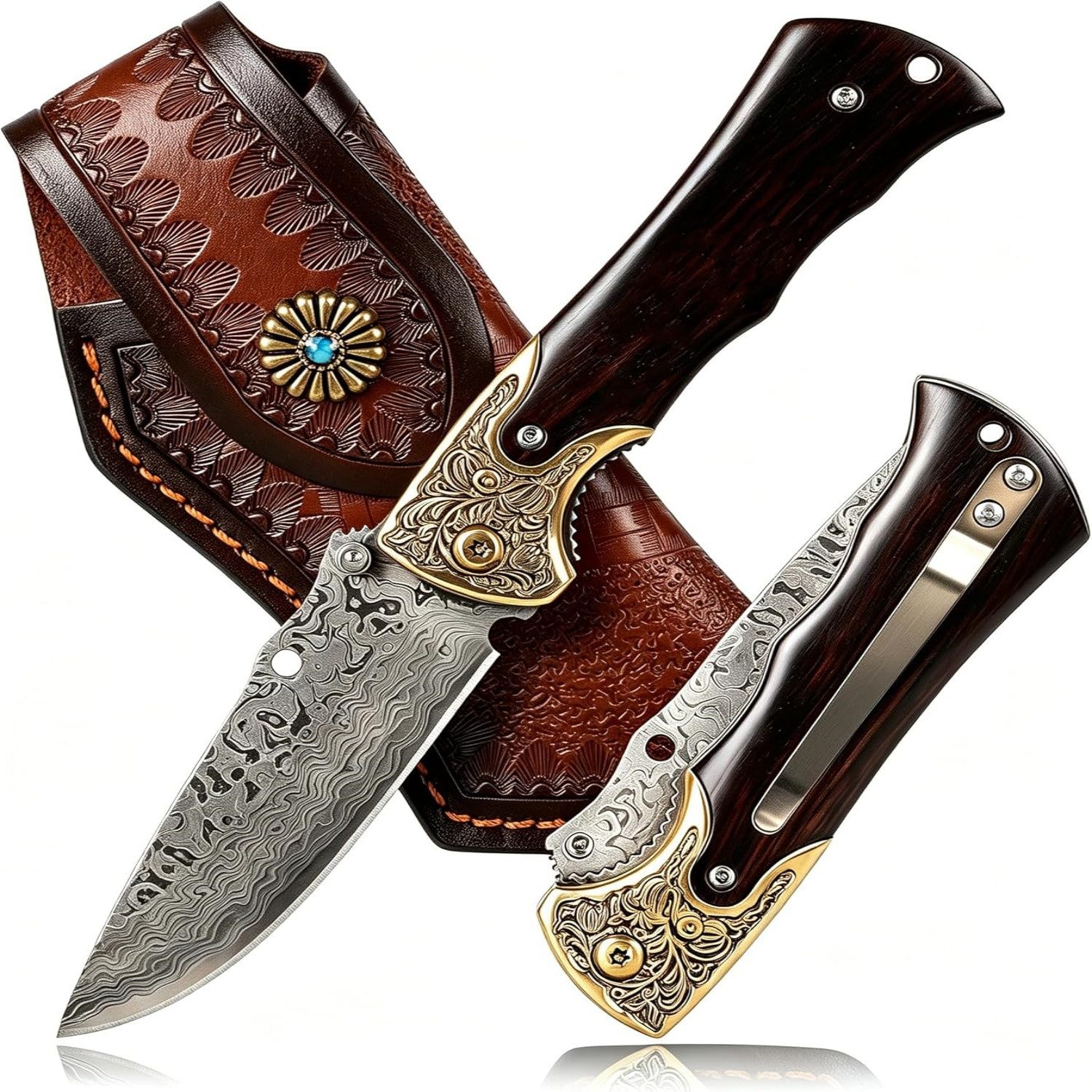 KingLux Damastmesser Taschenmesser Klappmesser 77Lagen Damaststahl für Outdoor Survival