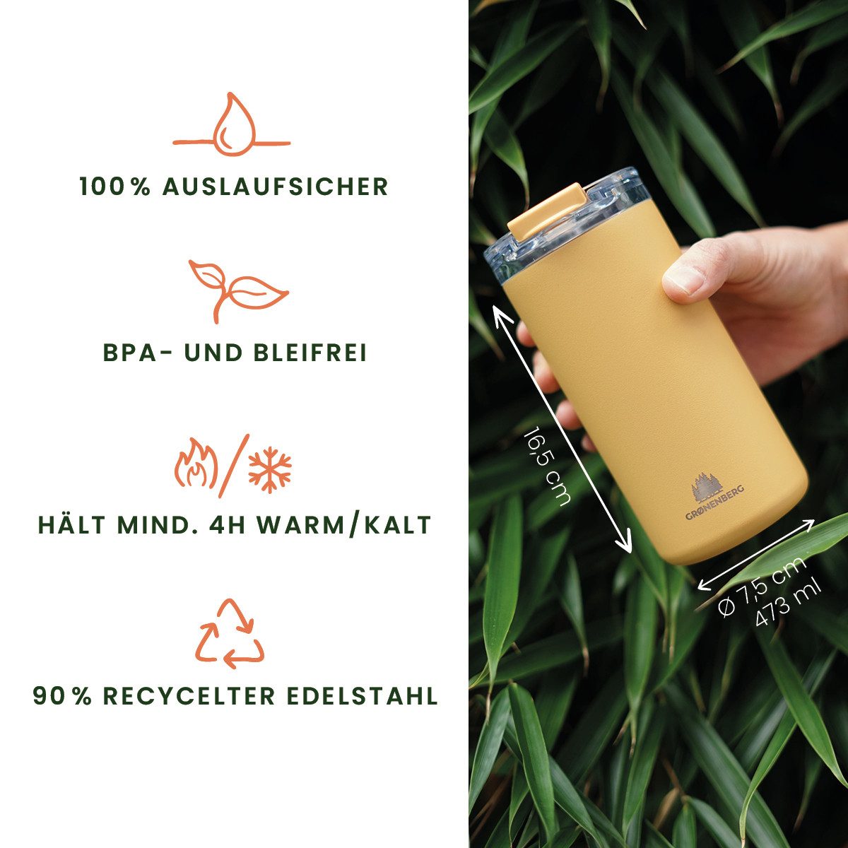 GRØNENBERG Thermobecher Kaffeebecher to go 440ml, 100% Auslaufsicher, Hält mind. 4 h warm, Rutschfest