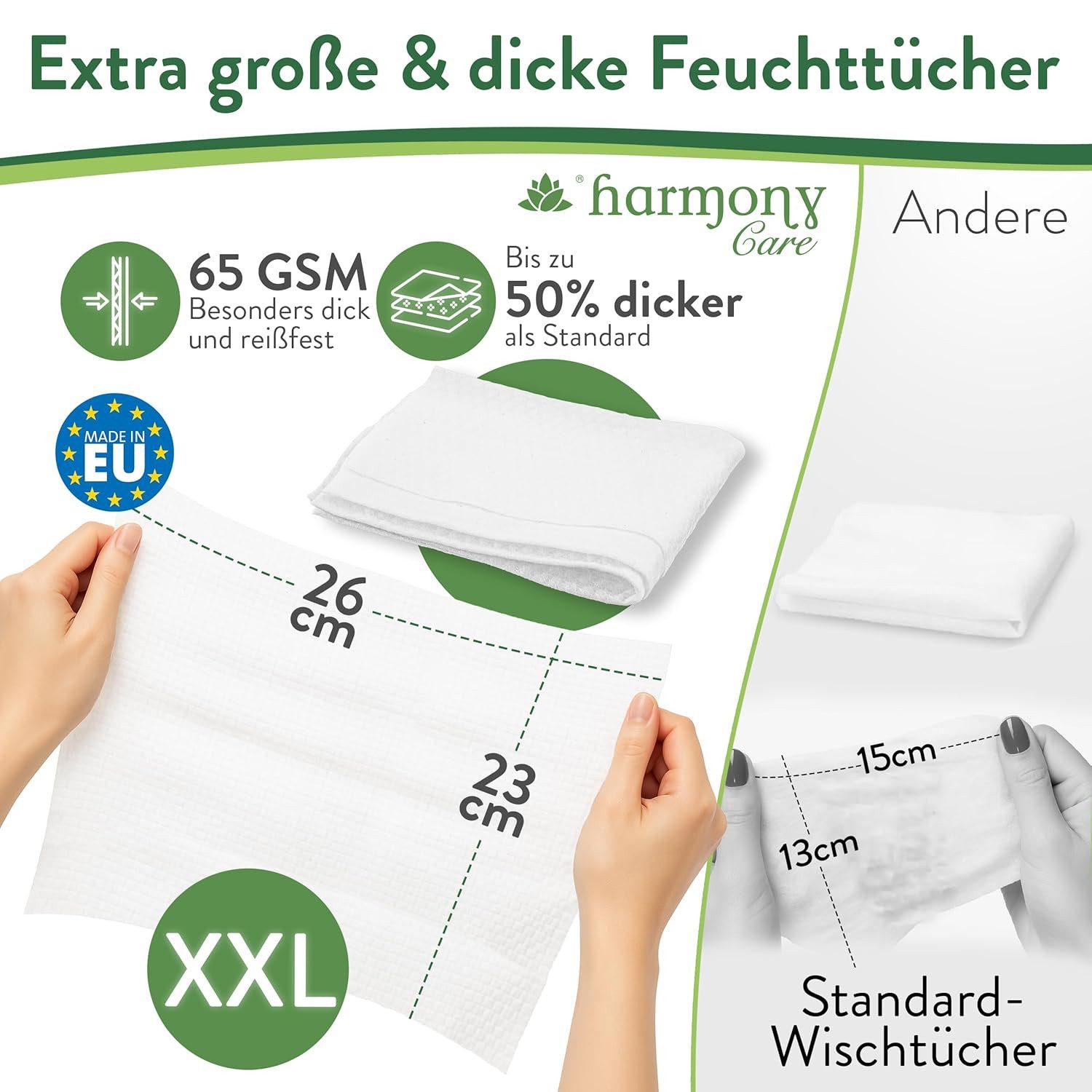 Harmony Care Intimpflege Premium Feuchttücher für Erwachsene XXL Feuchtpflegetücher extra dick Reinigungstücher für den Körper, Körperpflege, 80-tlg., Pflegetücher, Duft: Aloe Vera/Kamille oder Parfumfrei Neutral