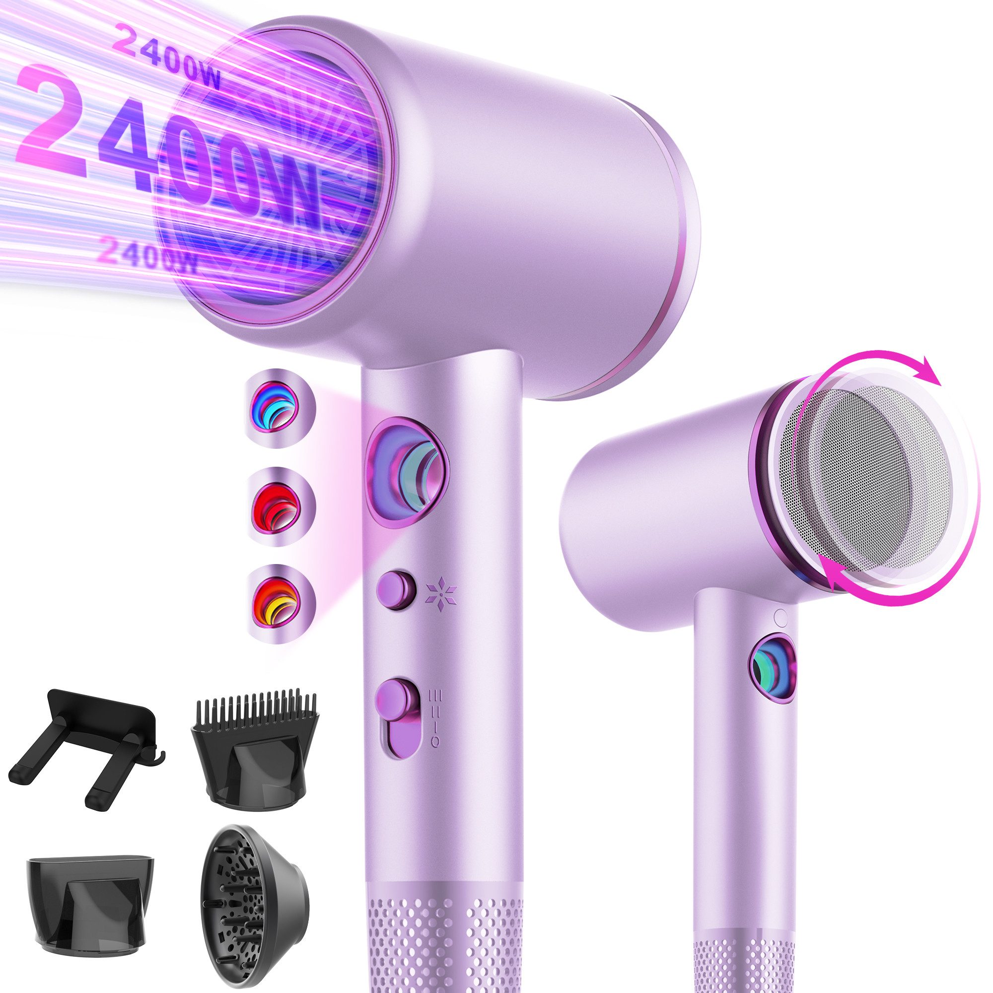 ibettertec Haartrockner Haartrockner Föhn Ionen 2400W,Anti-Spliss mit Kaltluft Modus, 2400,00 W, (25m/S, 3 Stylingaufsätze, angereichert mit Keratin und, Mandelöl, Ionenpflege - Anti Frizz, langlebiger AC-Motor)