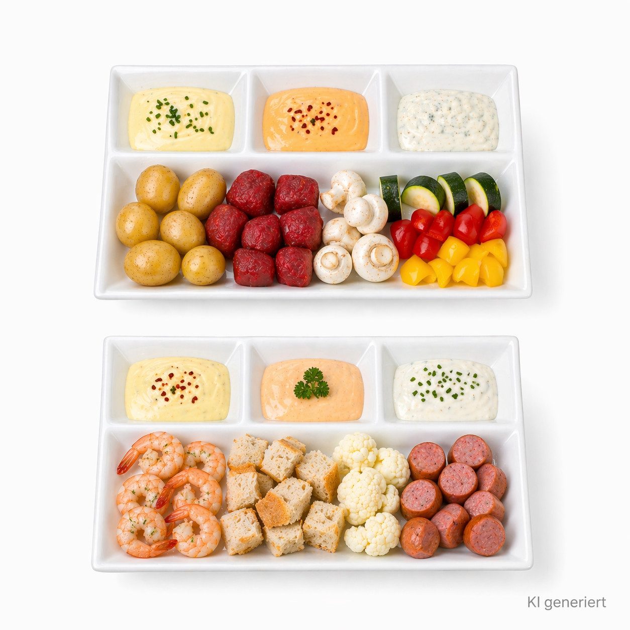 MamboCat Frühstücksteller 6er Set Fondueteller weiß 23x18 cm mit 4 Fächern Raclette Fondue Dip