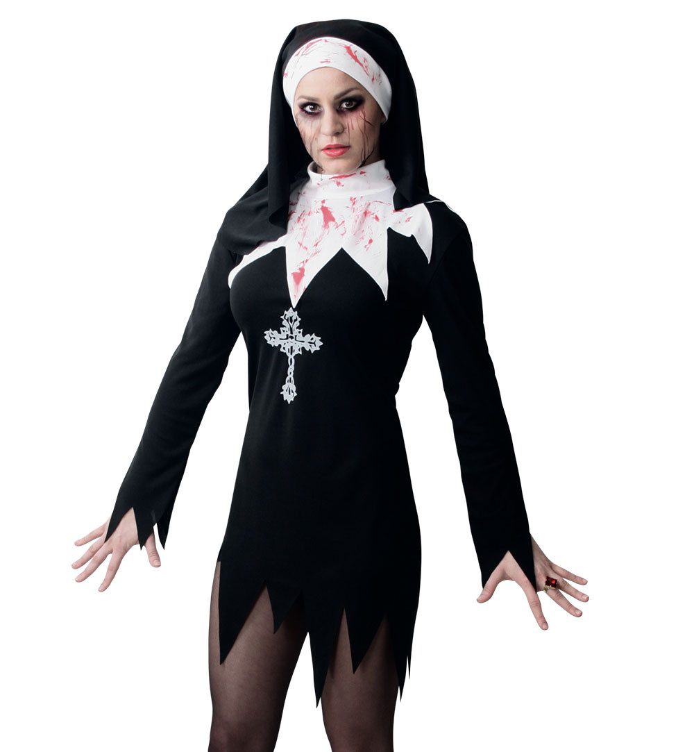 Fries Nonnen-Kostüm Sexy Zombie Horror Nonne Longshirt + Haube Halloween Karneval Fasching