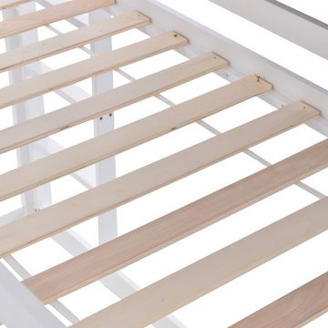 Fangqi Hausbett 200x90cm Etagenbett mit Fallschutz und ZaunLeiter im rechten Winkel (Kiefernrahmen, braunes Dach, weißes Bett)