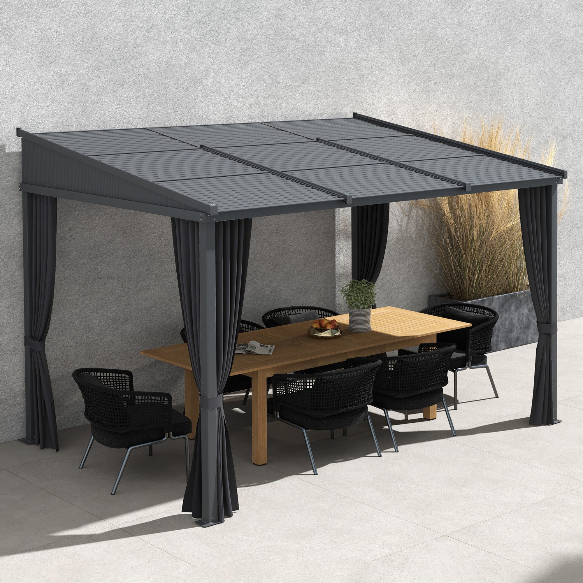 Outsunny Pavillon Gartenpavillon mit Schiebedach, mit 4 Seitenteilen, (Gartenpavillon, Terrassenüberdachung), für Garten, Balkon, Dunkelgrau