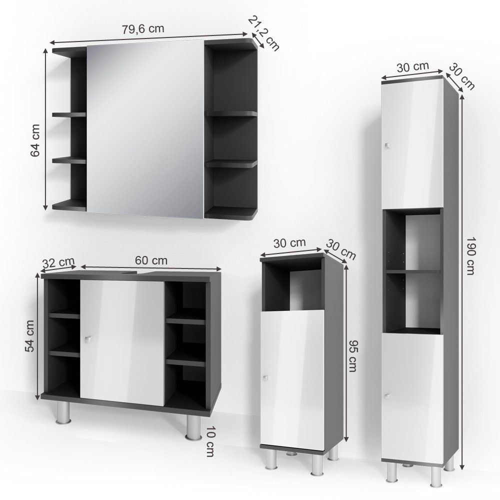 Vicco Badmöbel-Set Fynn, Anthrazit/Weiß Hochglanz, 4 Teile, (4-er Set, 4-St., 4er Set)