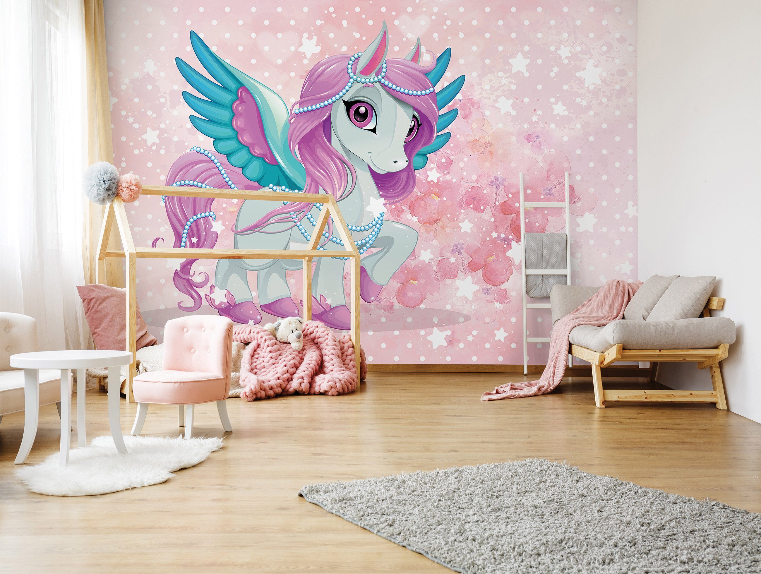 Wallarena Fototapete Kinderzimmer Mädchen Unicorn Pferd Rose Stern Babyzimm günstig online kaufen