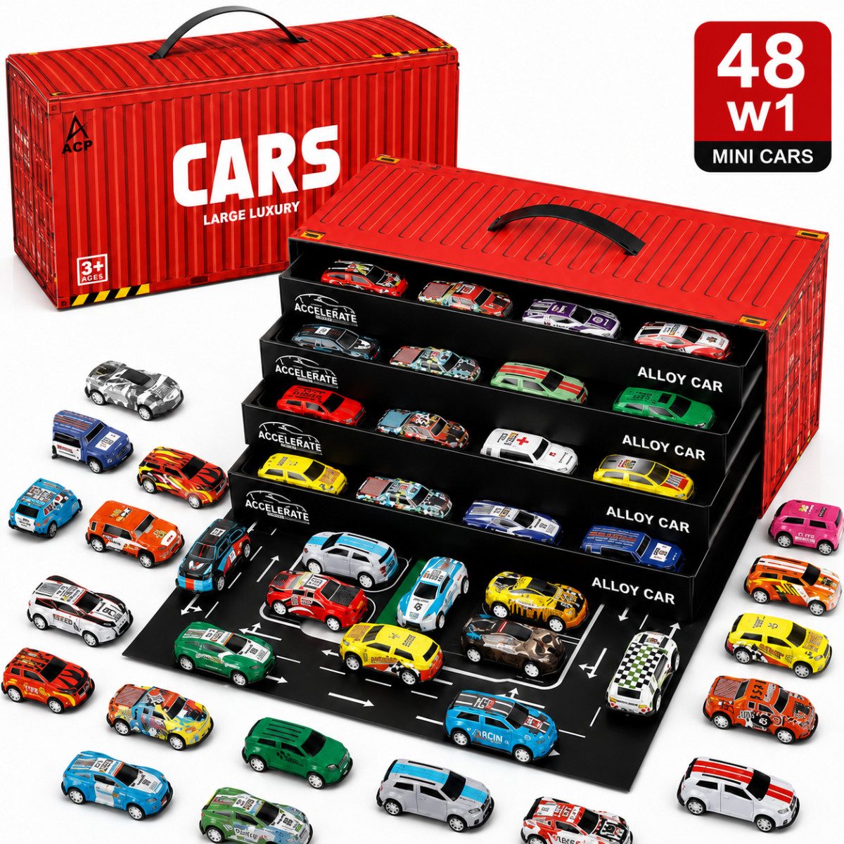 R2 Invest Spielzeug-Auto Mini Auto Set 48 Teile Spielzeugautos mit Aufbewahrungskoffer, (48-tlg)