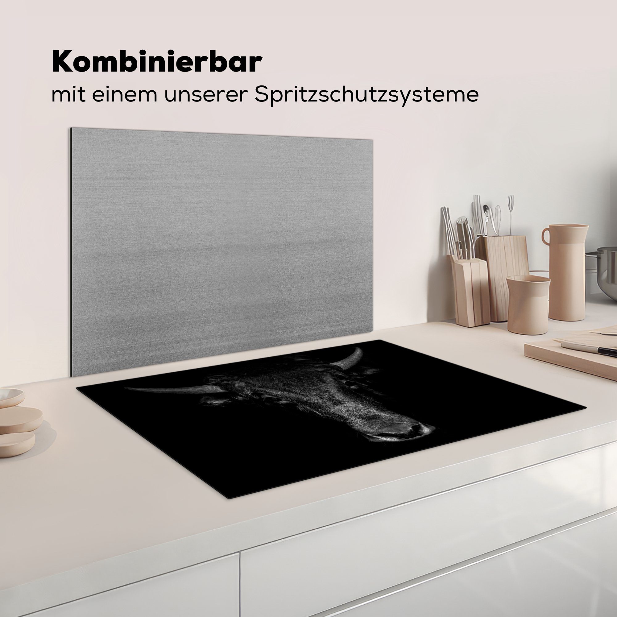 Herdblende-/Abdeckplatte tlg), Arbeitsplatte - (1 Tiere küche Schwarz - Ceranfeldabdeckung, MuchoWow für - Vinyl, Weiß, Taurus cm, 77x51