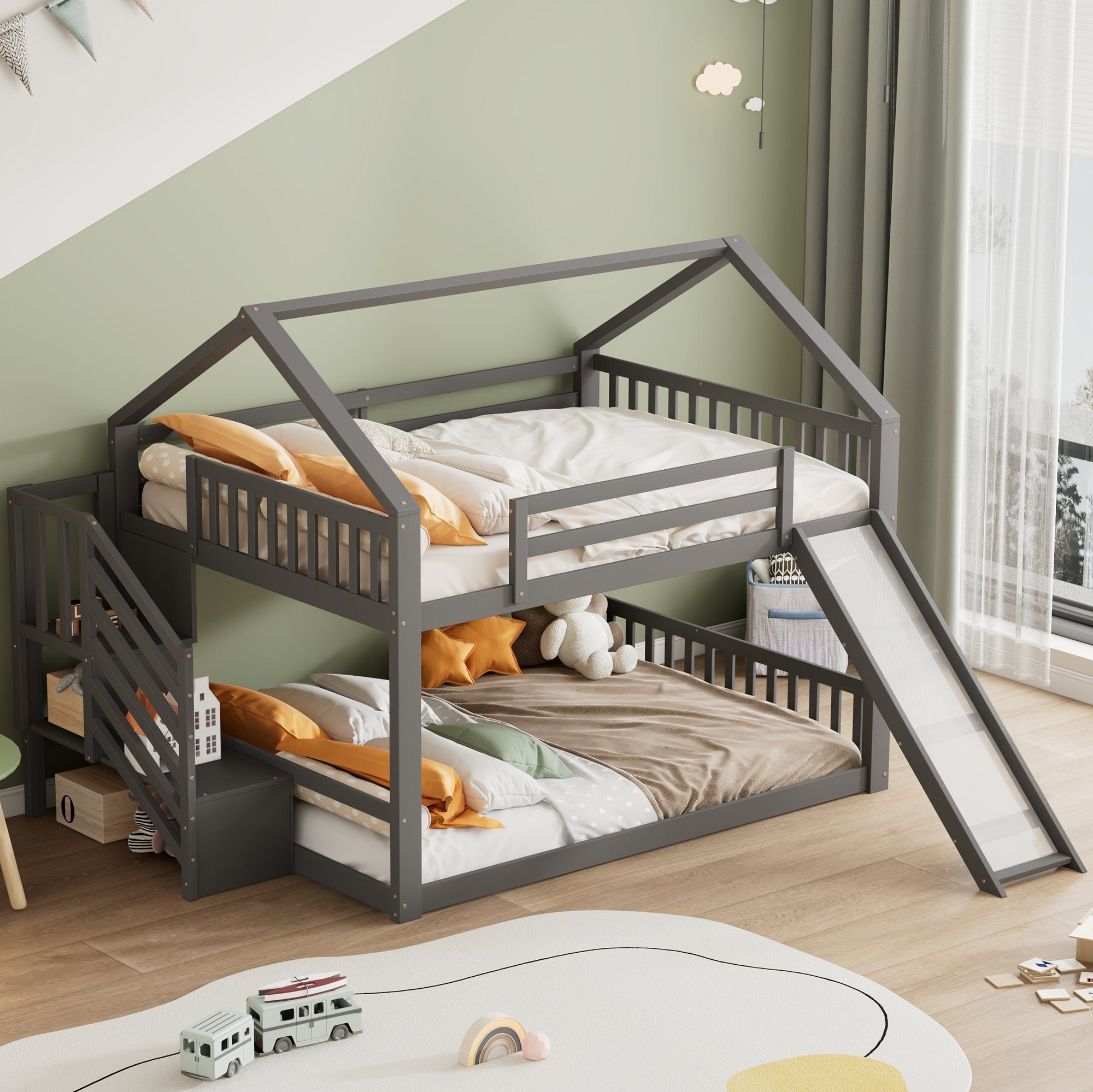 REDOM Bett Etagenbett Hausbett, Kinderbett mit Geländer (mit Stauraumtreppe und Rutsche, 90x200cm), Ohne Matratze