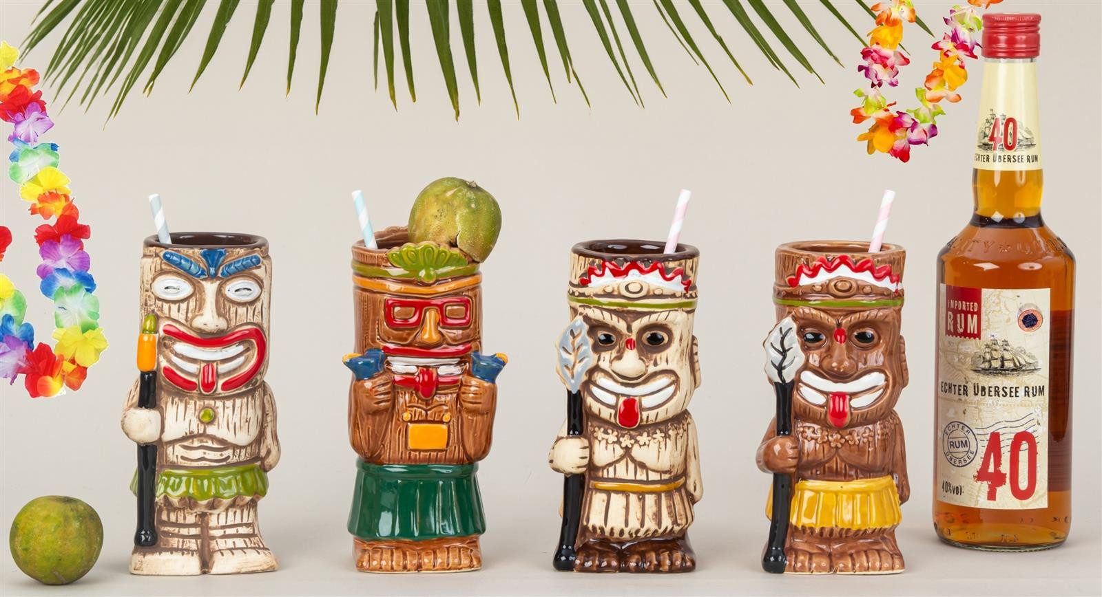 Geschenkestadl Cocktailglas 4 x Tiki Cocktail Becher 440-550ml Keramik Tassen Cocktailglas Hawaii
