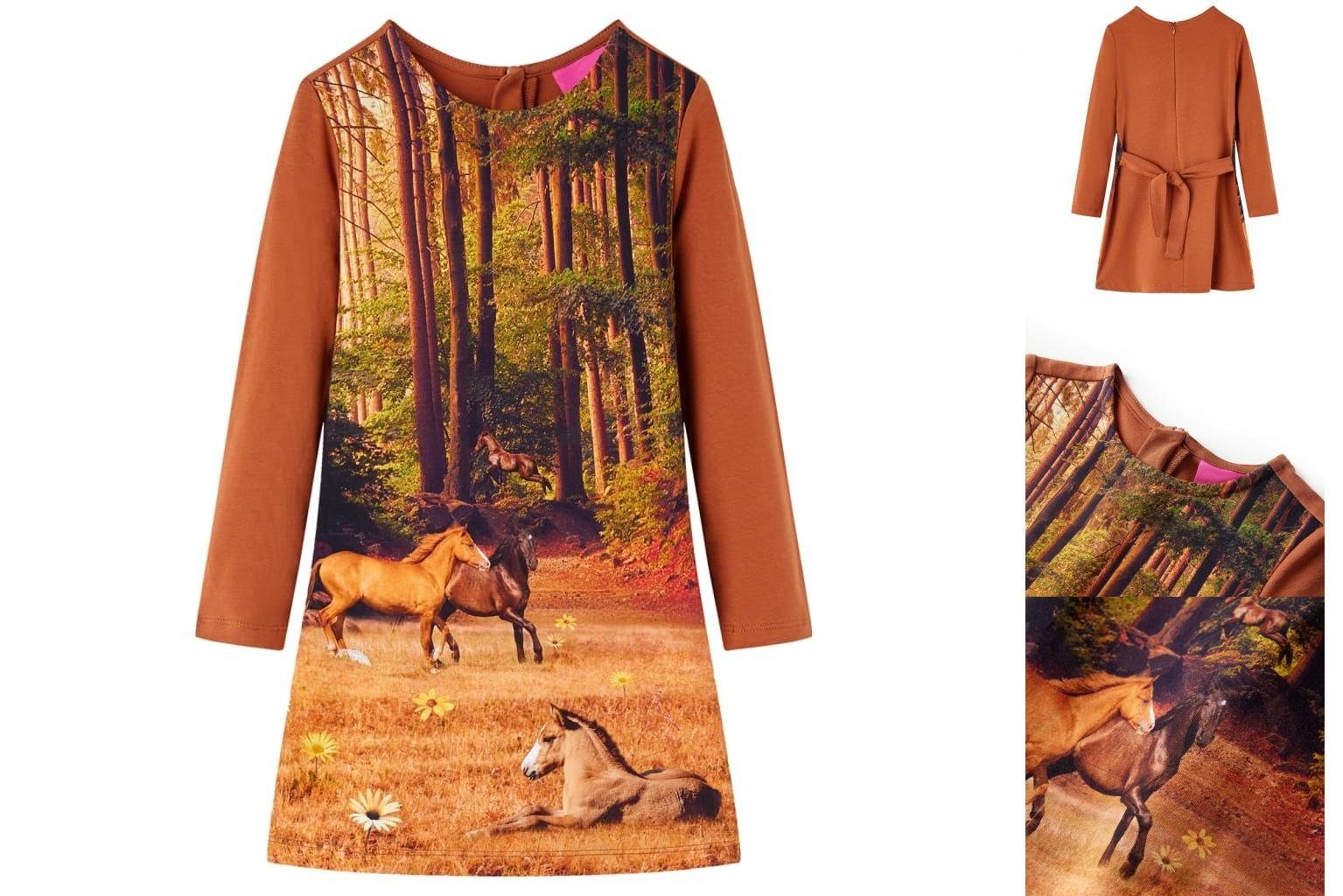 92 Kinderkleid Langen Pferde-Aufdruck Ärmeln A-Linien-Kleid vidaXL mit Cognac