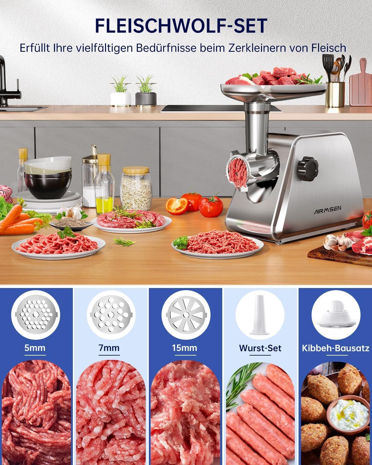 Airmsen Fleischwolf Elektrisch 5-in-1 Gemüseschneider Wurstfüller Mit 2 Edelstahl-Klingen, 3 Edelstahl-Lochscheiben (5/7/15 mm), Wurst- & Kebbeh-Aufsatz