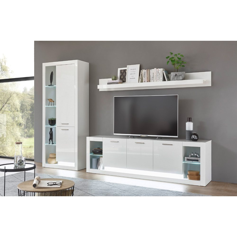 Lomadox Wohnwand MAILAND-61, Wohnwand in Hochglanz weiß mit Beleuchtung B/H/T: 298-278/198/37-43cm