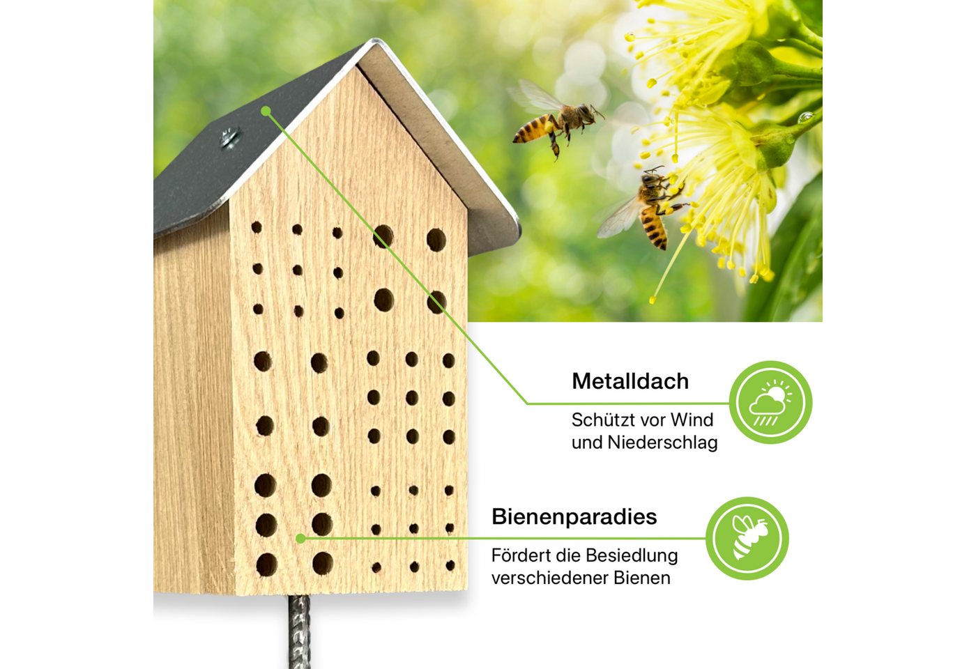Thumbnail - gartenetage Insektenhotel Wildbienenhotel mit Metalldach, Naturbelassenes, massives Insektenhaus/Nisthilfe & Artenschutz