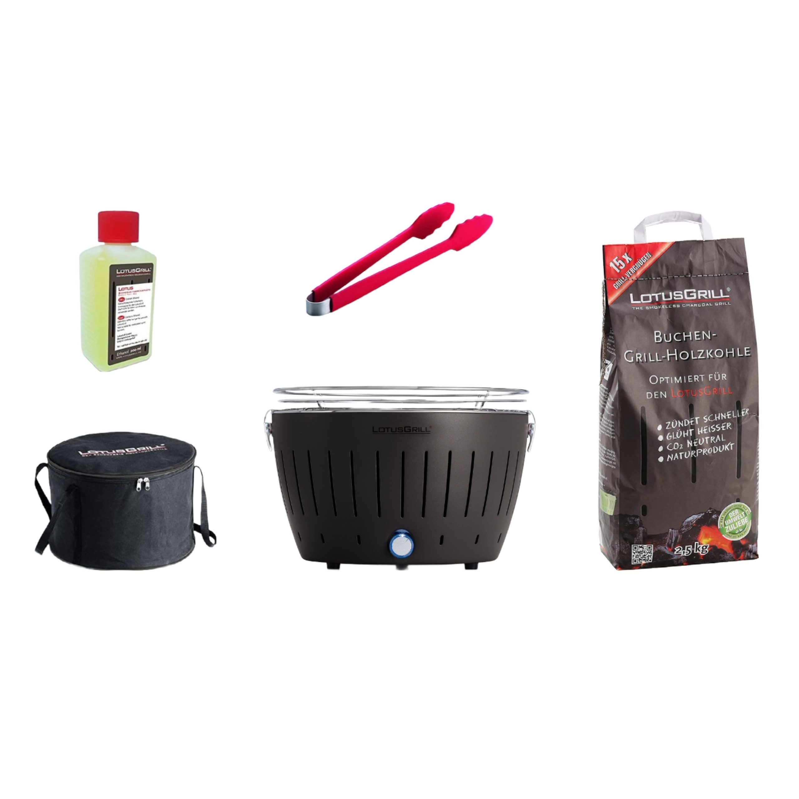 LotusGrill Holzkohlegrill Starter-Set Classic 1x Grill Anthrazitgrau mit USB-Anschluß 5 teilig