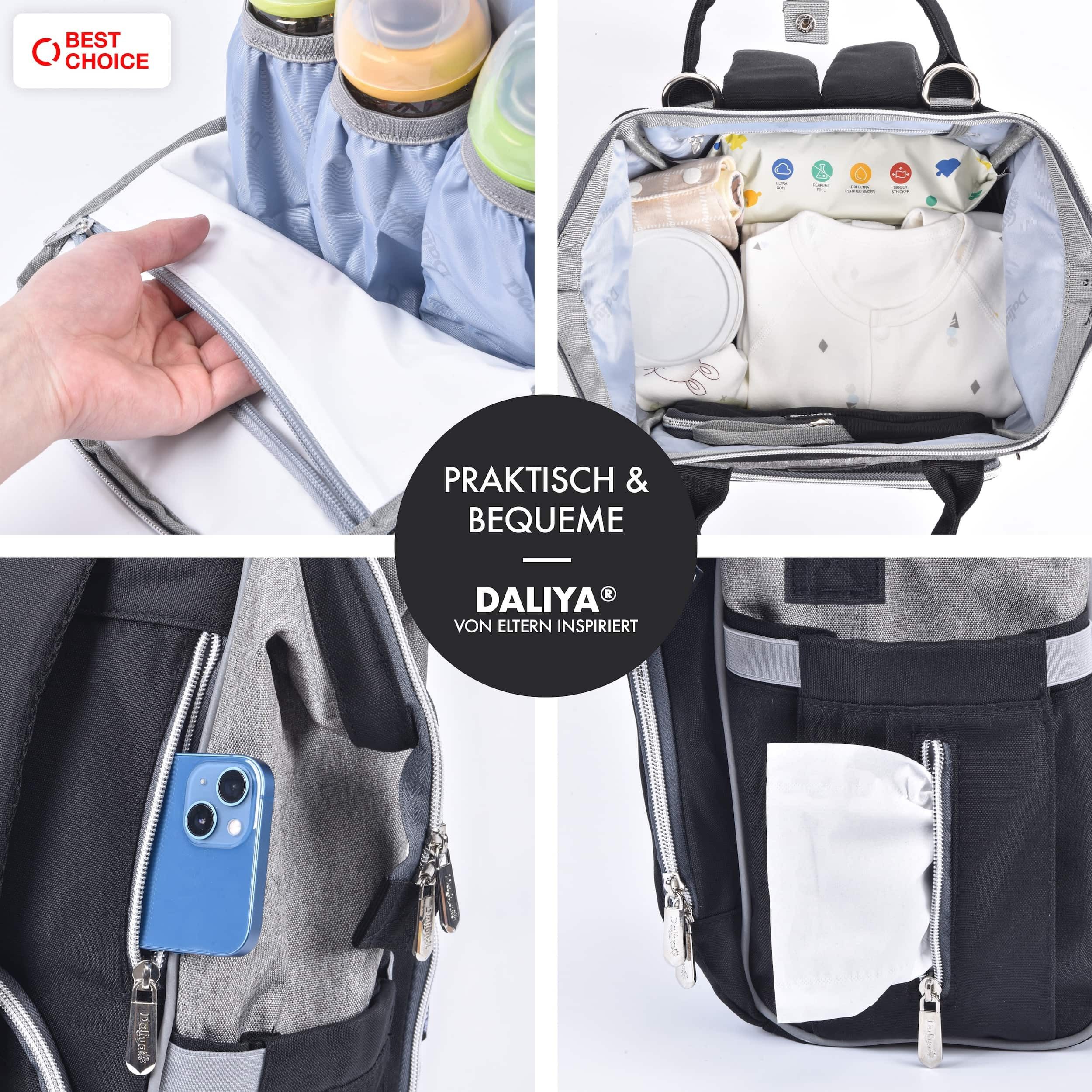 Daliya® Wickeltasche PAKMI Wickelrucksack, Kinderwagentaschen, Mamabag (Set, 5-tlg., Befestigungsriemen), Thermofächer, Schnuller Aufbewahrung, Wickelunterlage, hochwertig